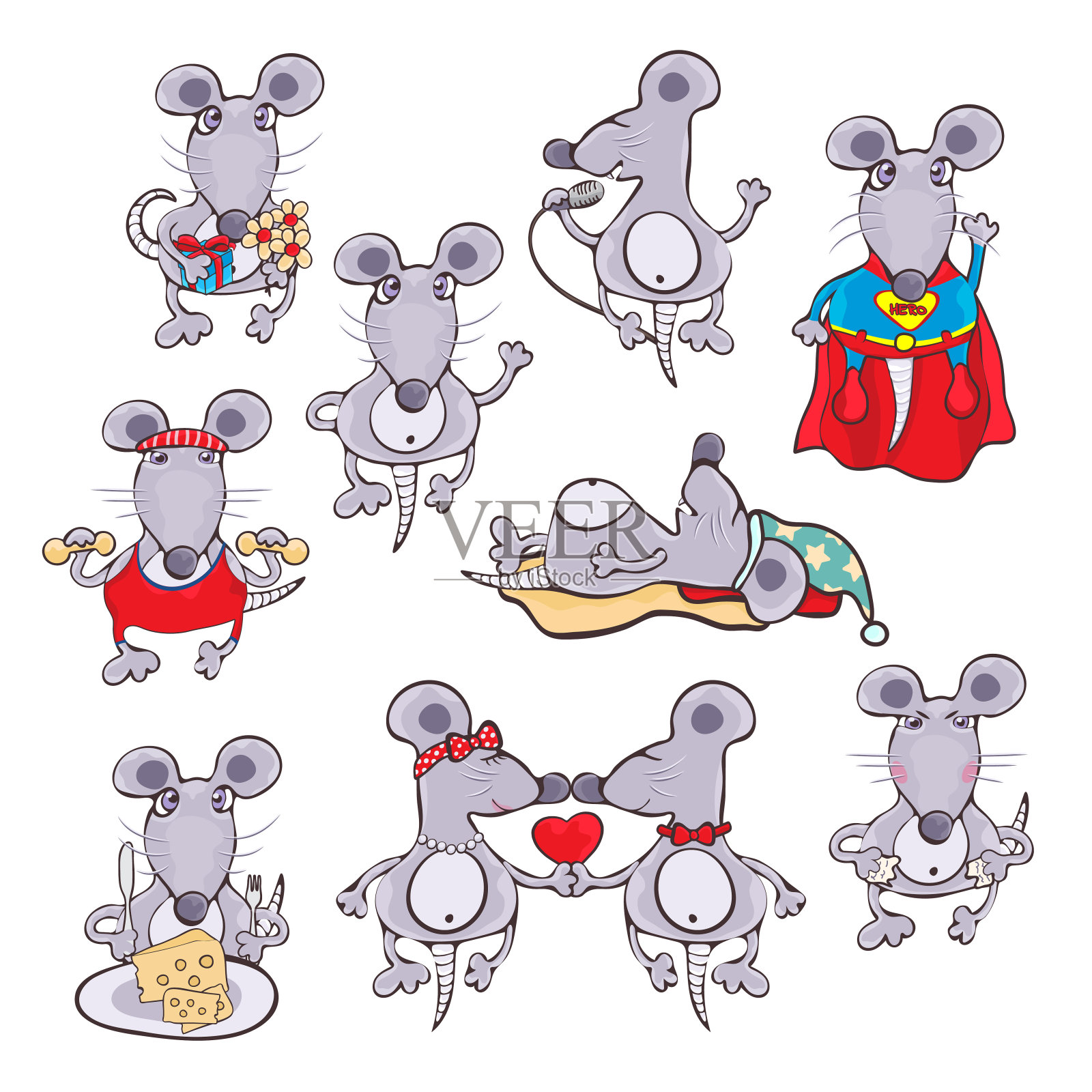 一套贴纸有趣的老鼠在不同的情绪和行动，图标，矢量插图，卡通轮廓手绘，彩色平面设计。甜蜜可爱的紫色画老鼠孤立在白色的背景设计元素图片