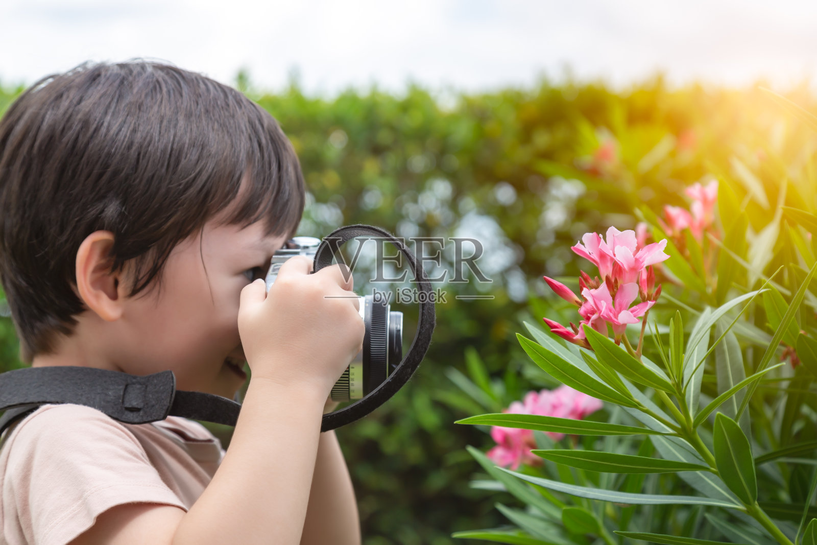 小亚洲男孩在秋天的季节拍照的花。英俊的小男孩爱自然，享受生活，当可爱的孩子得到节日的快乐，笑脸。摄影是孩子们的业余爱好照片摄影图片