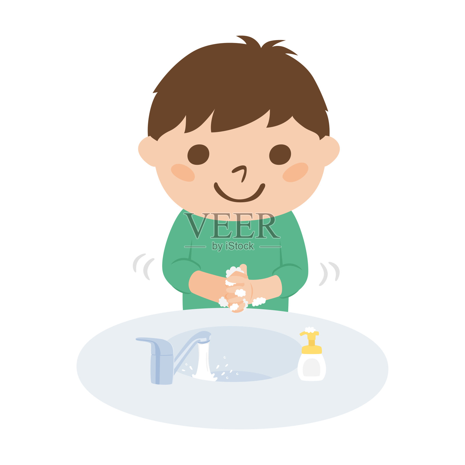 疾病预防说明。一个男孩用肥皂洗手以避免感冒。设计元素图片