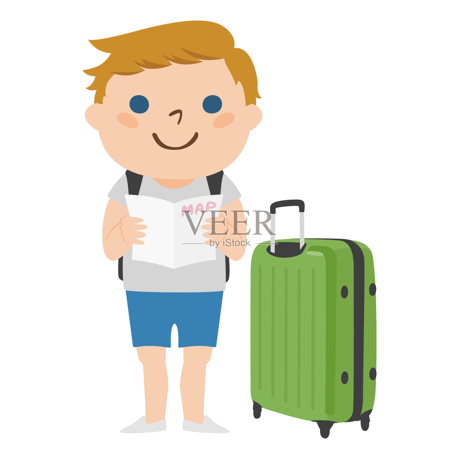 旅游插图。一个外国人提着一个大箱子走着。插画图片素材