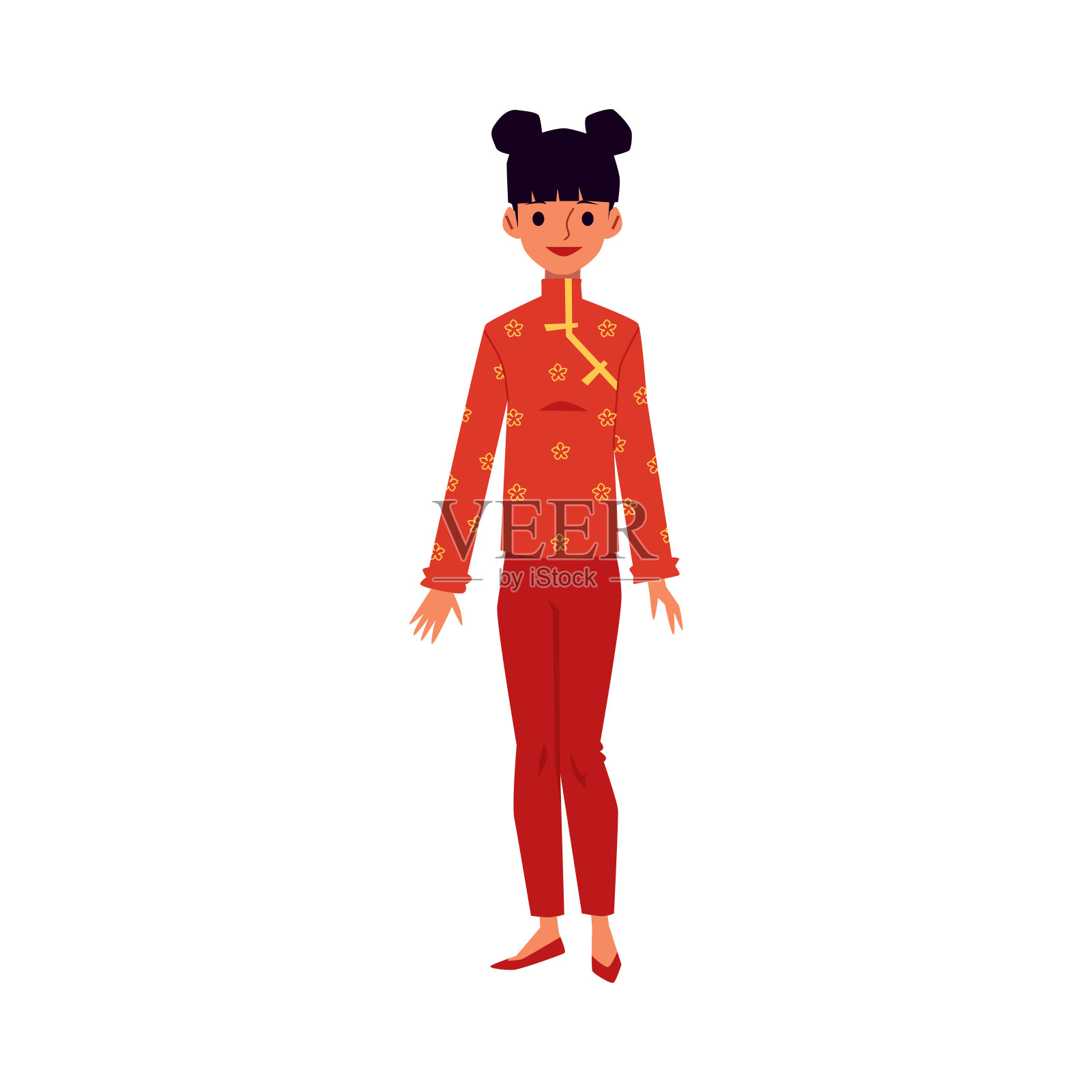 穿着中国传统红色旗袍或旗袍的卡通女子插画图片素材