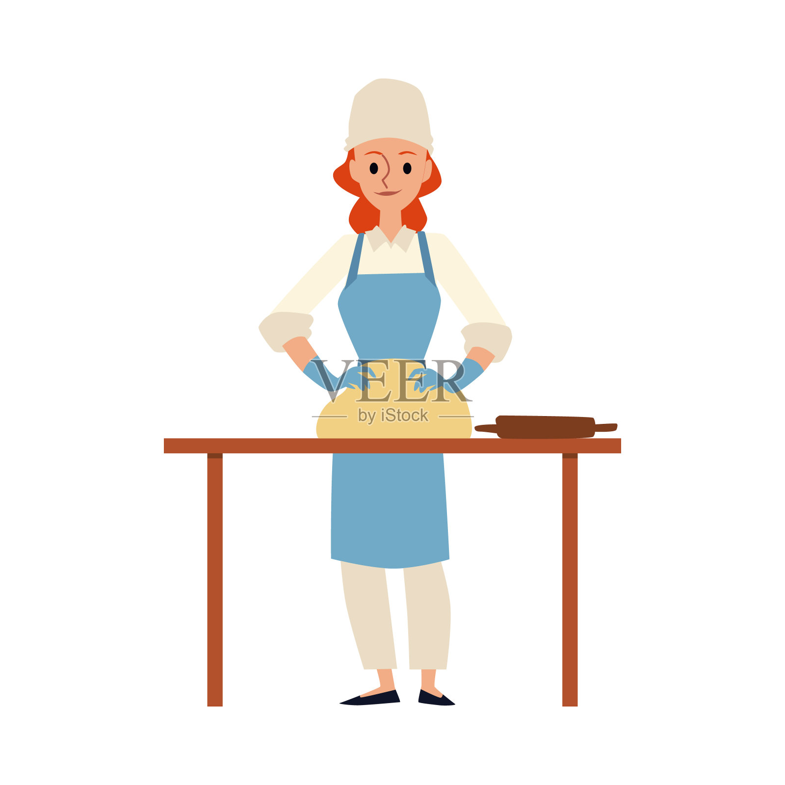 卡通面包师揉面团的妇女在厨师帽和围裙站在桌子设计元素图片