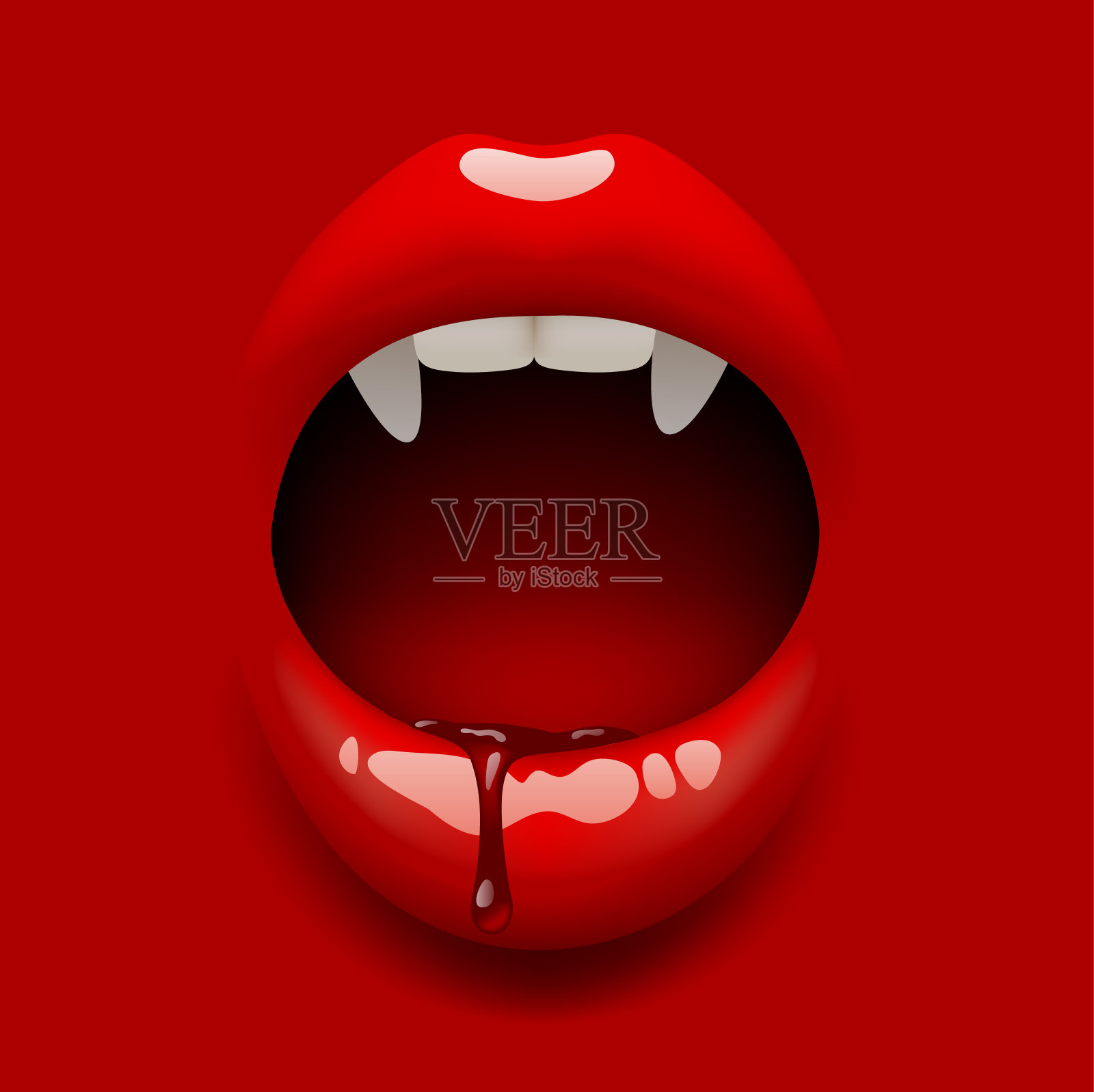 女人的吸血鬼张开的嘴与光泽性感的嘴唇和红色的血插画图片素材