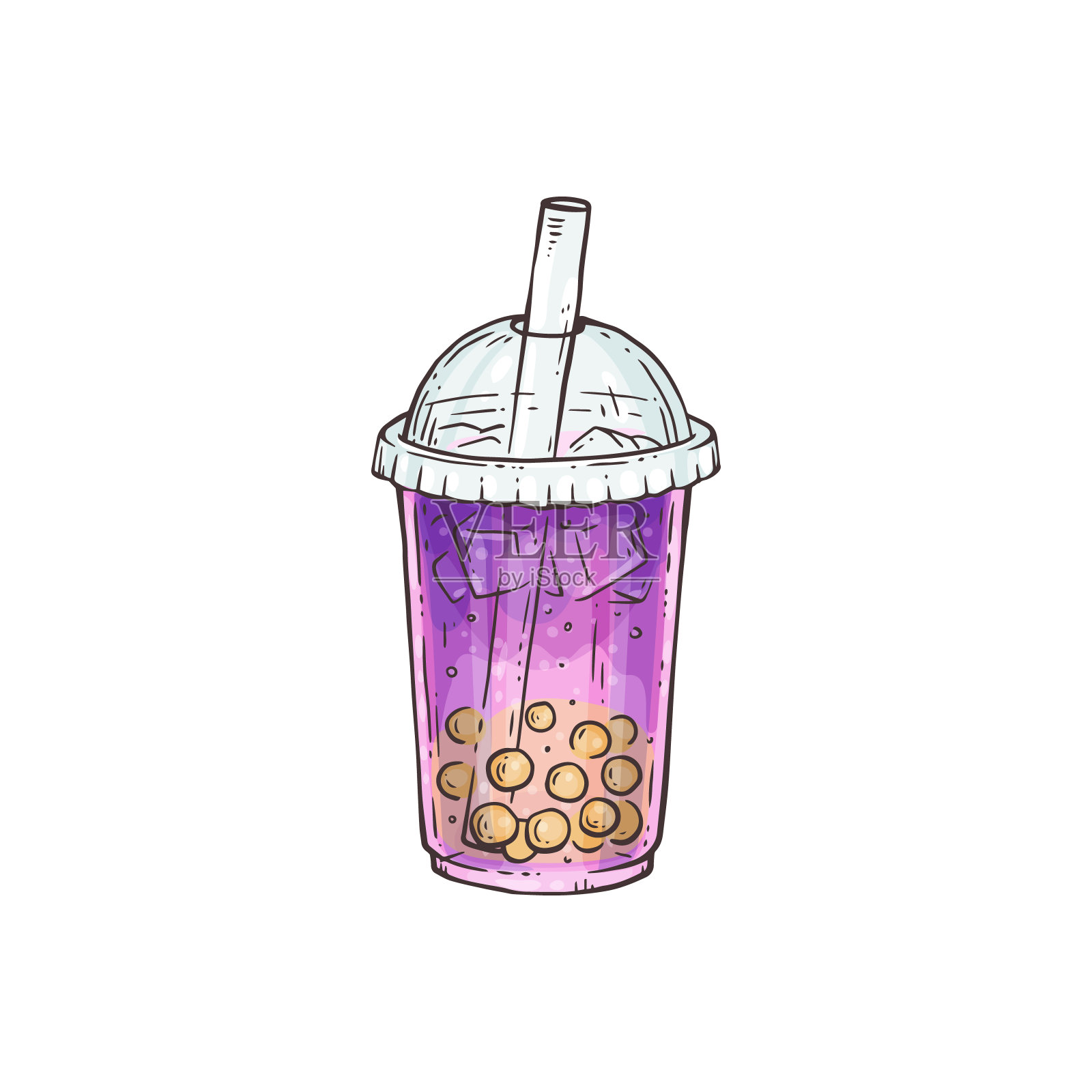 紫色珍珠奶茶，用吸管装在塑料杯里插画图片素材