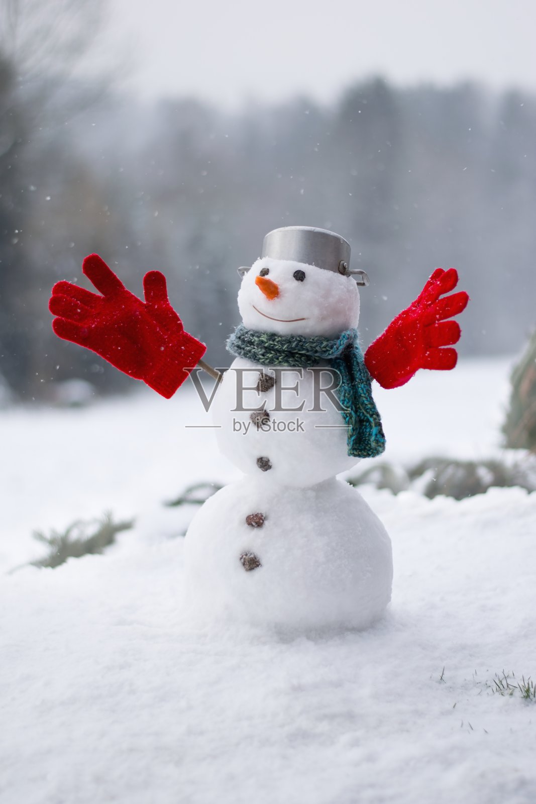 可爱的微笑雪人在冬天的花园照片摄影图片