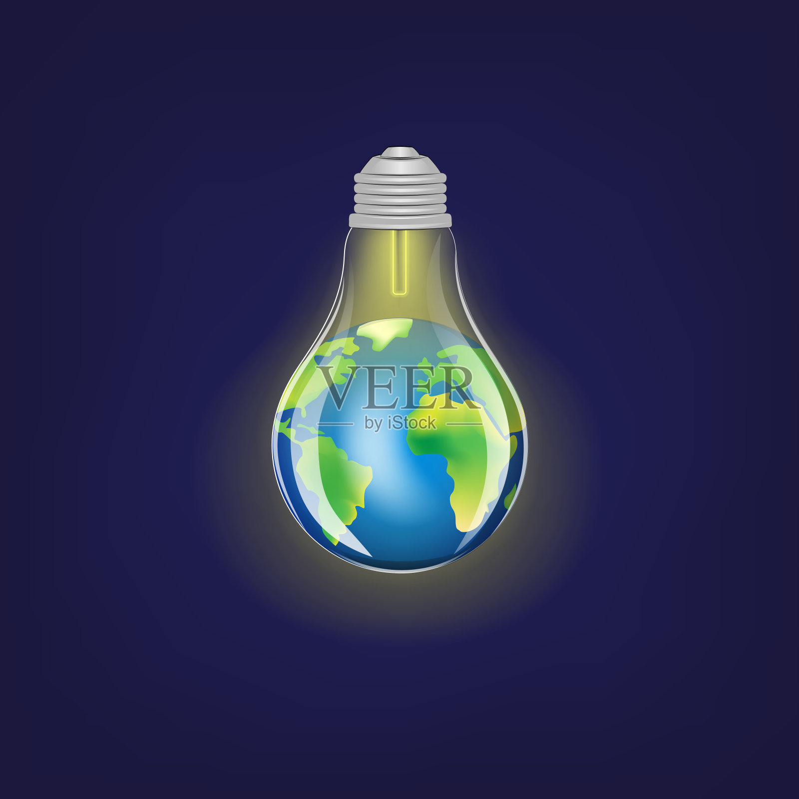 概念绿色能源，照明电灯和地球在一个深蓝色的背景方形矢量插图插画图片素材