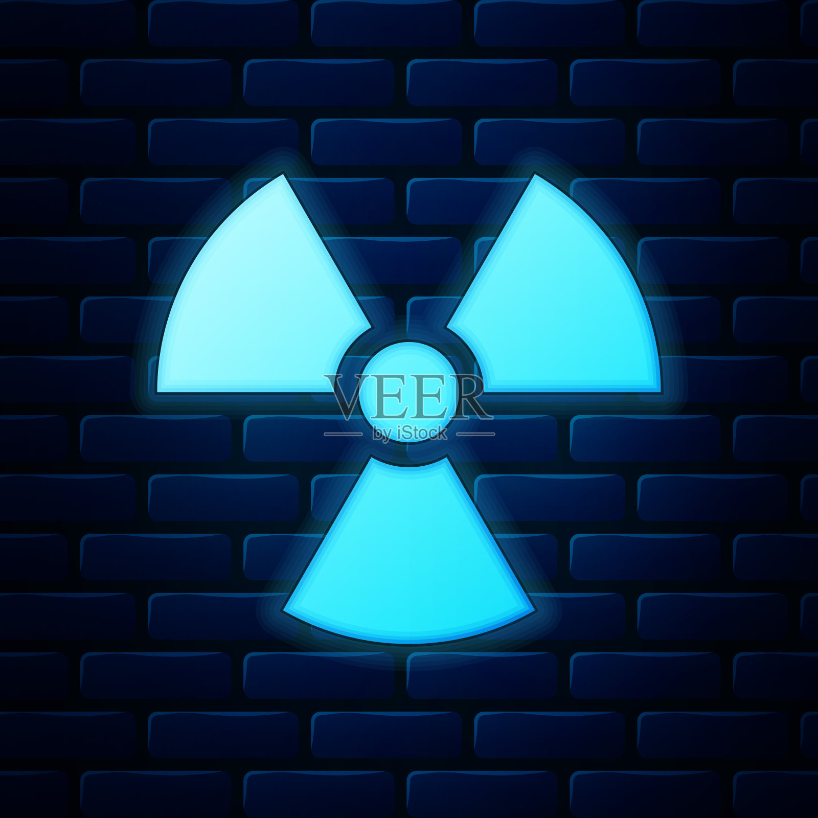 发光的霓虹灯孤立在砖墙背景上的放射性图标。放射性有毒的象征。辐射危险的信号。矢量图插画图片素材