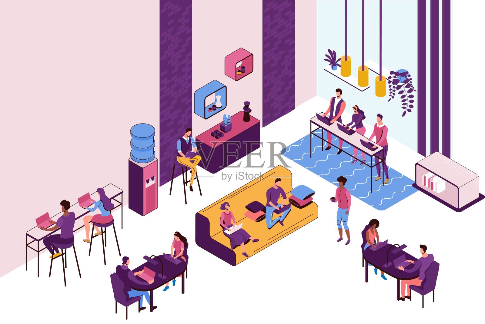 现代的办公室内部配备厨房和咖啡机，自由职业者与笔记本电脑坐在沙发上的共同工作空间，图形矢量插图插画图片素材