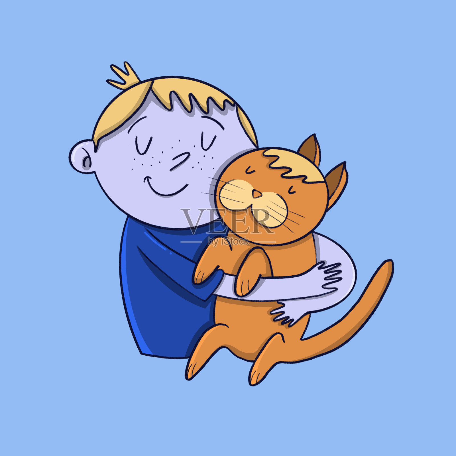 穿着蓝色t恤的男孩抱着一只猫，做个插图设计元素图片