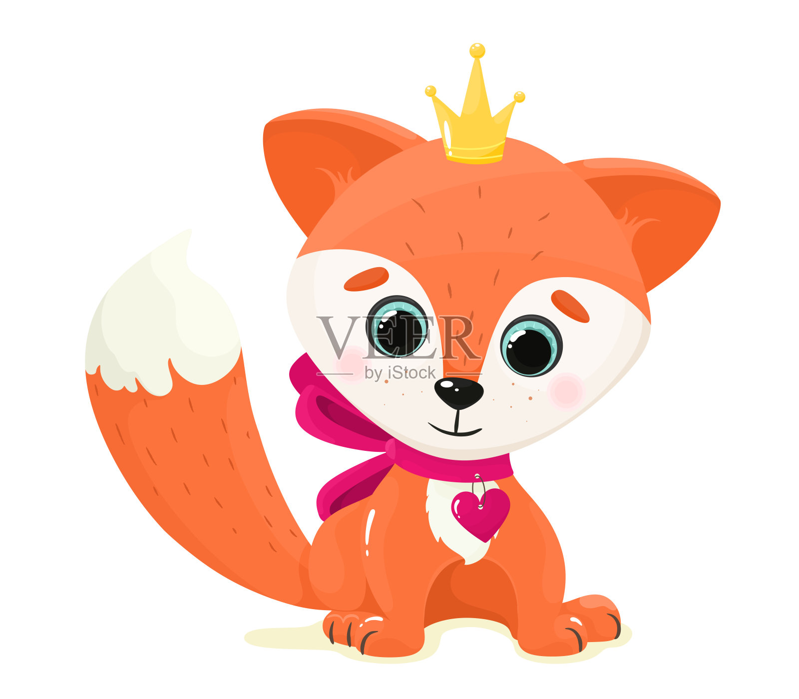 可爱的狐狸戴着皇冠，脖子上系着丝带。矢量孤立在卡通平面风格。白色背景。设计元素图片