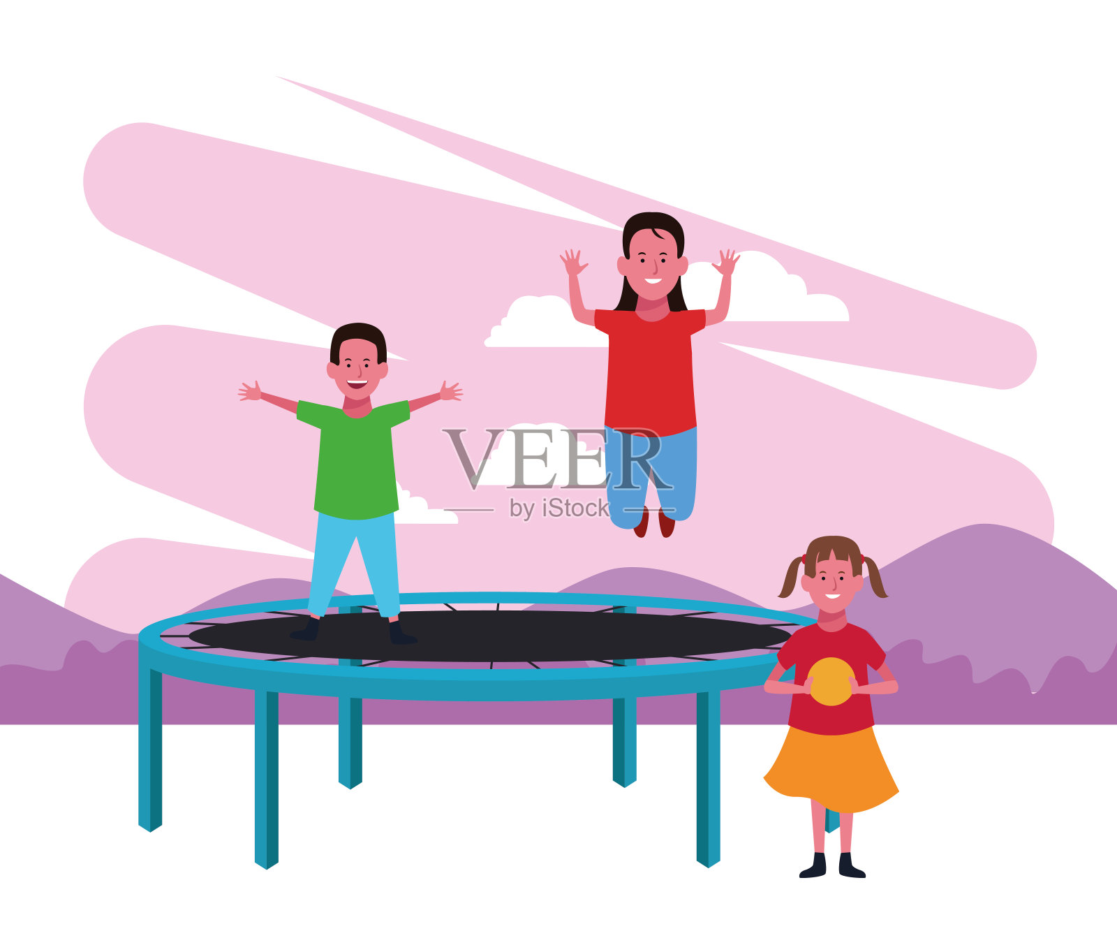 儿童区，男孩和女孩跳跃蹦床和女孩与球食品摊位游乐场插画图片素材