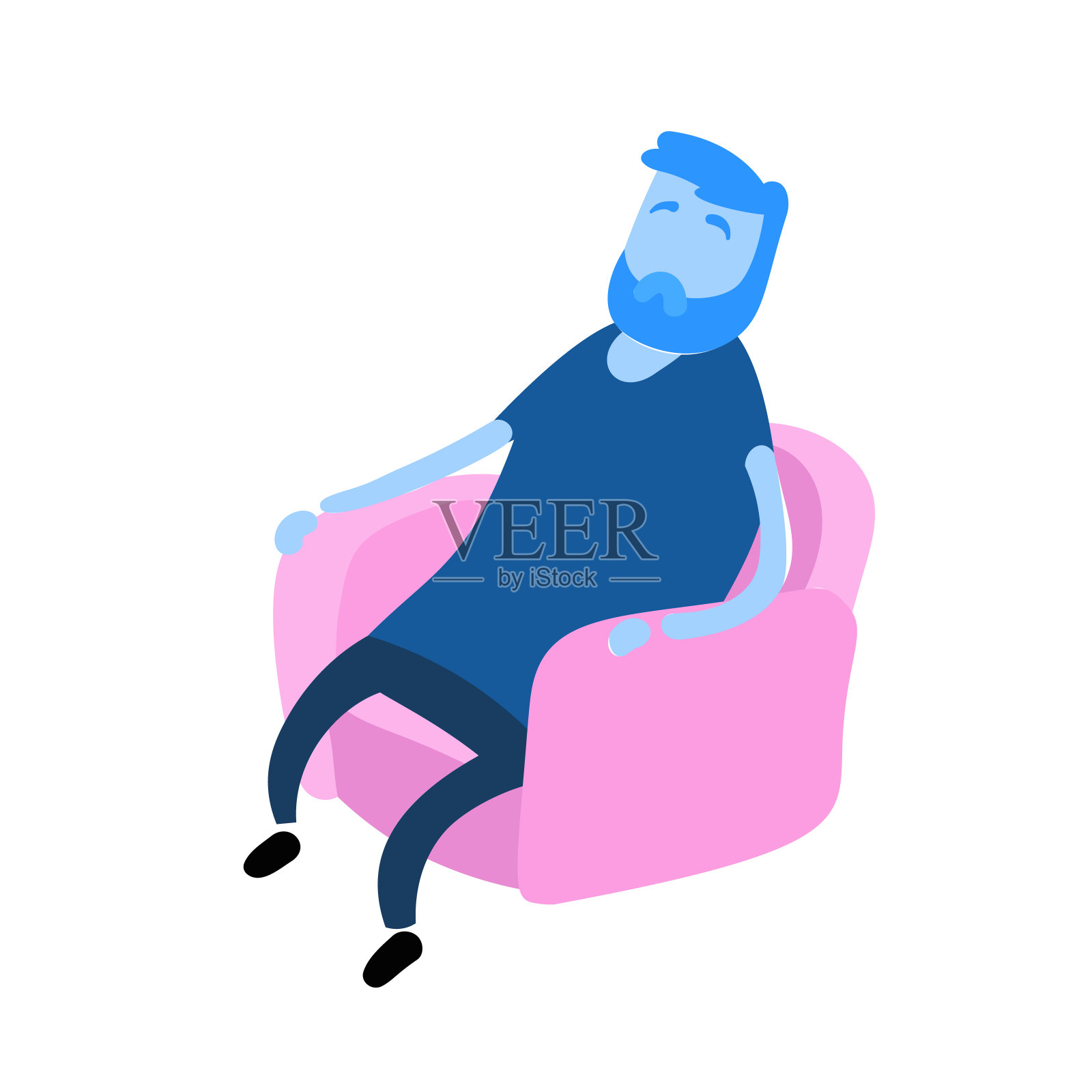 大胡子男子坐在扶手椅上放松。一个人休息。卡通设计图标。彩色的平面矢量插图。孤立在白色背景上。插画图片素材