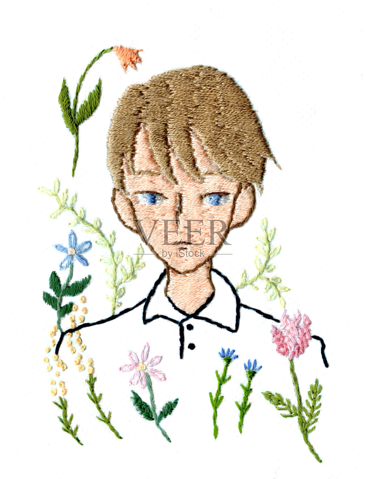 刺绣插图的男孩和花。插画图片素材