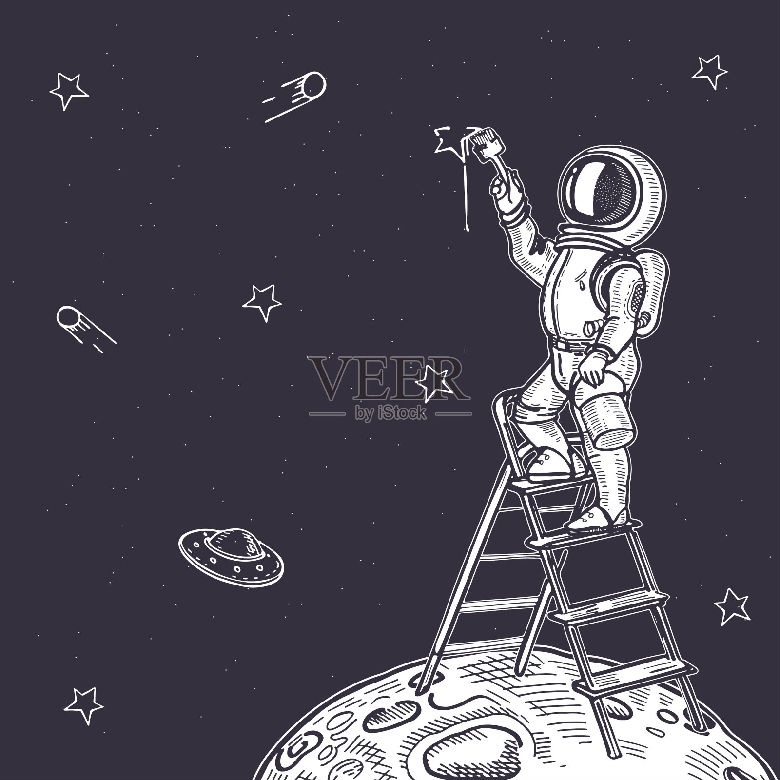 宇航员画了一个星空。宇航员正站在楼梯上。插画图片素材
