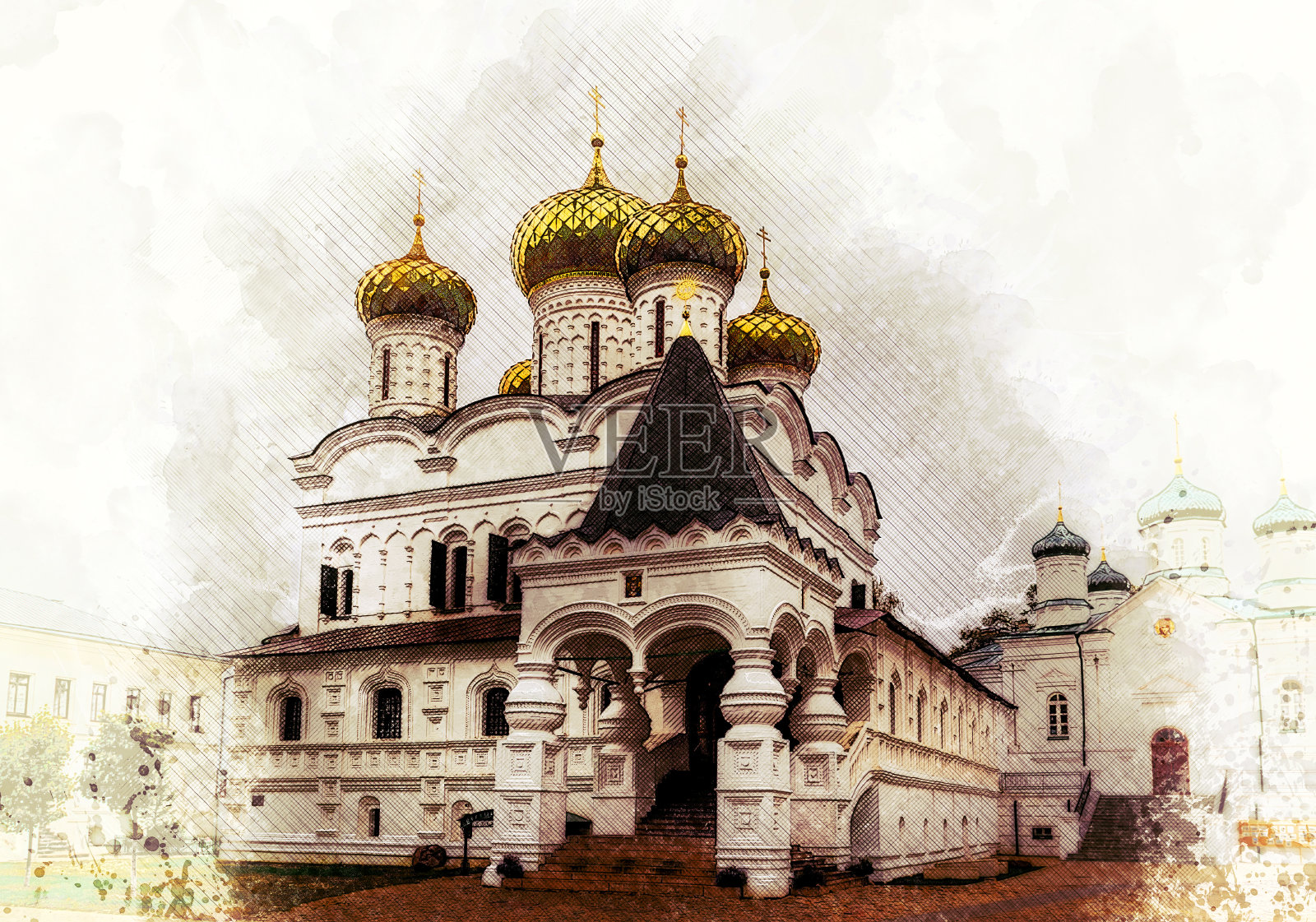 俄罗斯，金环，科斯特罗马，伊帕提夫修道院的圣三一大教堂插画图片素材