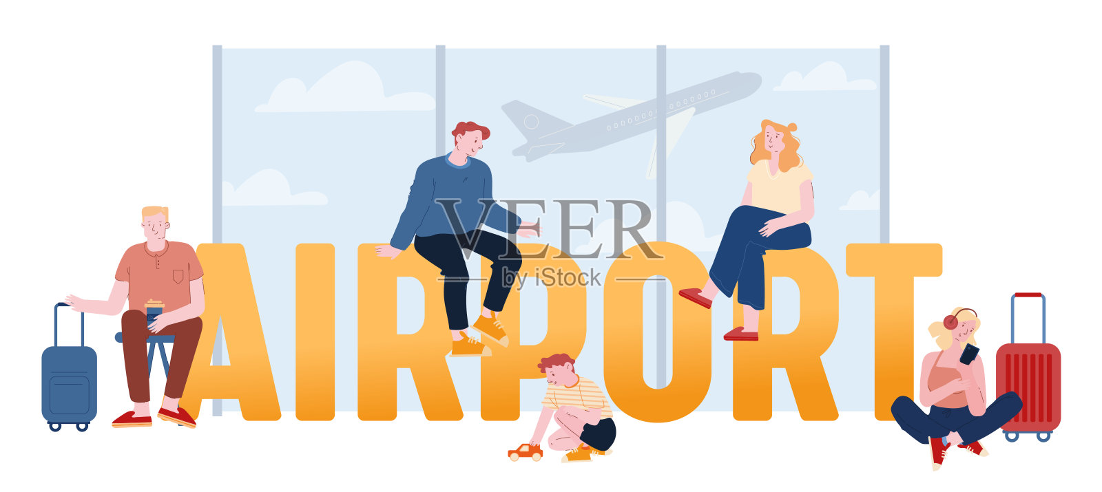 人们在机场的概念。带着行李的人物在等候区准备飞行。父亲与儿子旅行家庭海报横幅传单小册子。卡通平面矢量插图插画图片素材