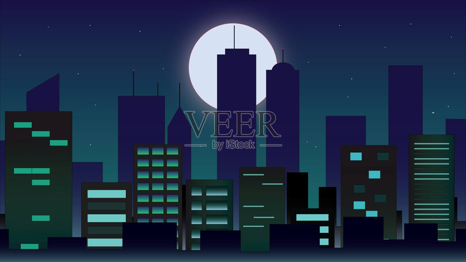 满月之夜的城市景观插画图片素材