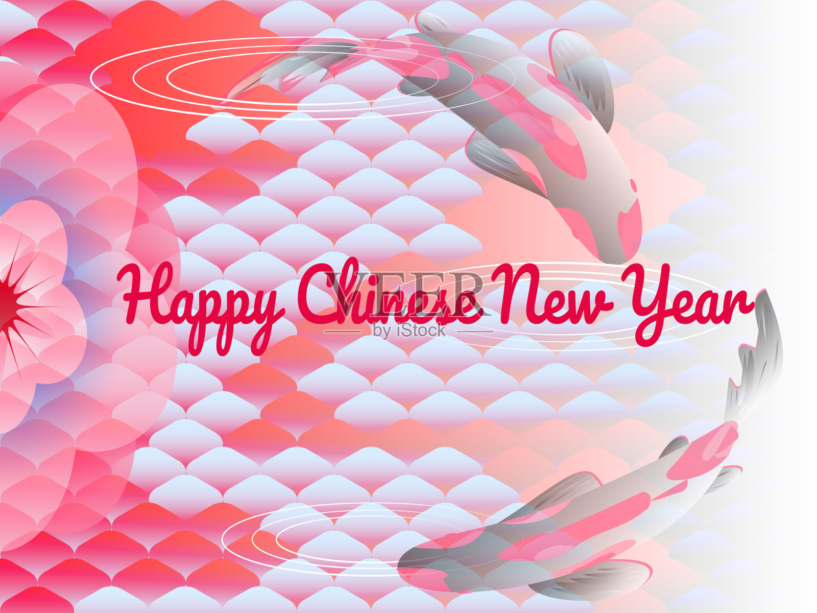 东方风格的节日横幅，文字-中国新年快乐，背景东方民族图案，鲤鱼鳞，鱼和花樱花。矢量插图,文字。插画图片素材
