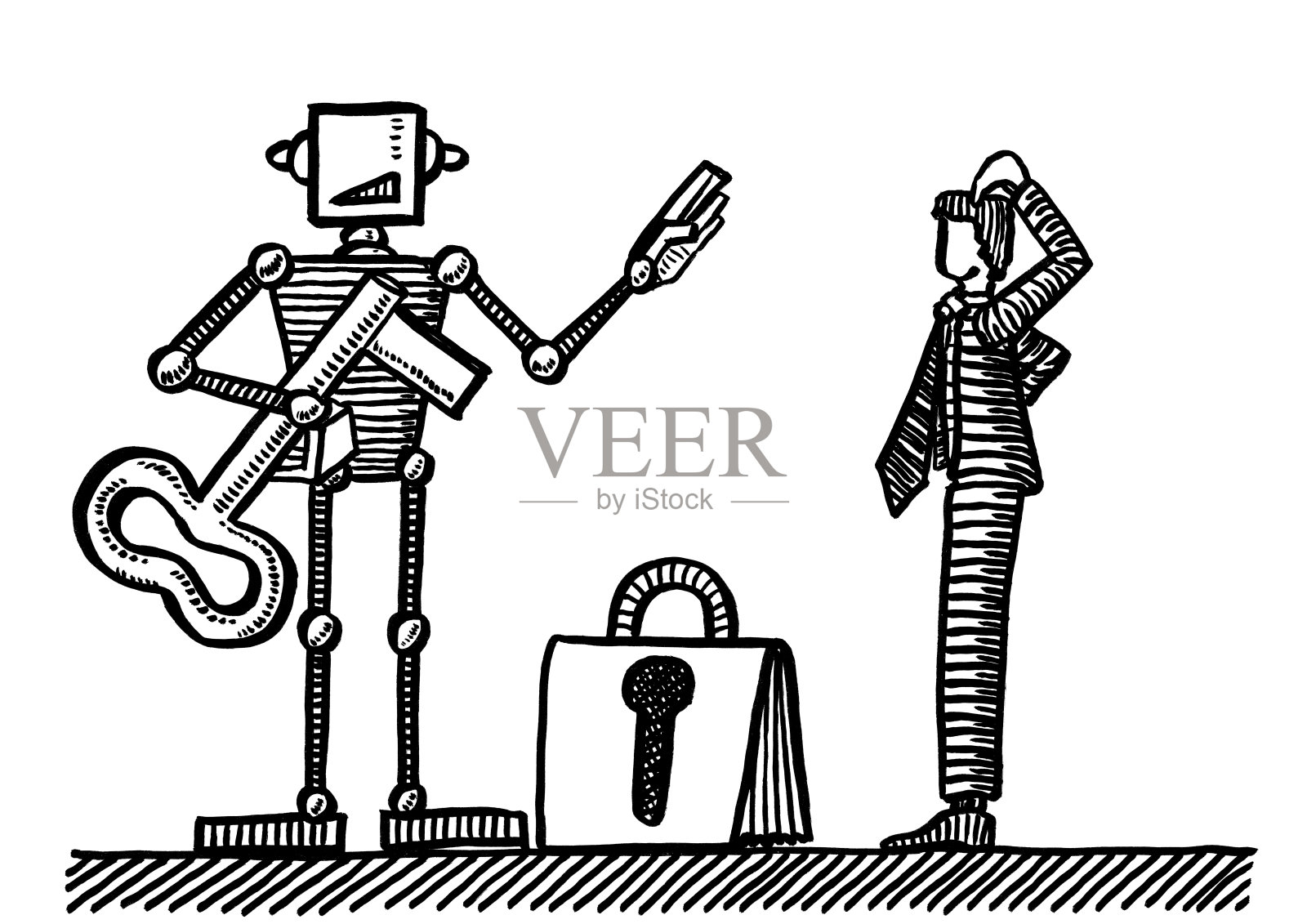 画出来的机器人拒绝让人打开公文包的钥匙插画图片素材