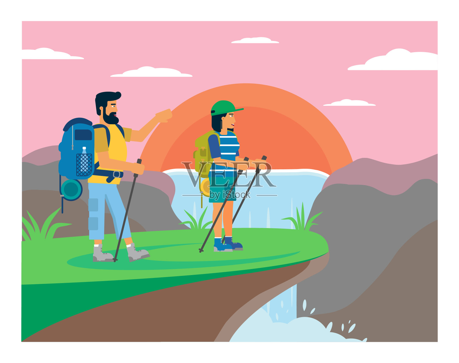 游客步行附近的瀑布矢量插图插画图片素材