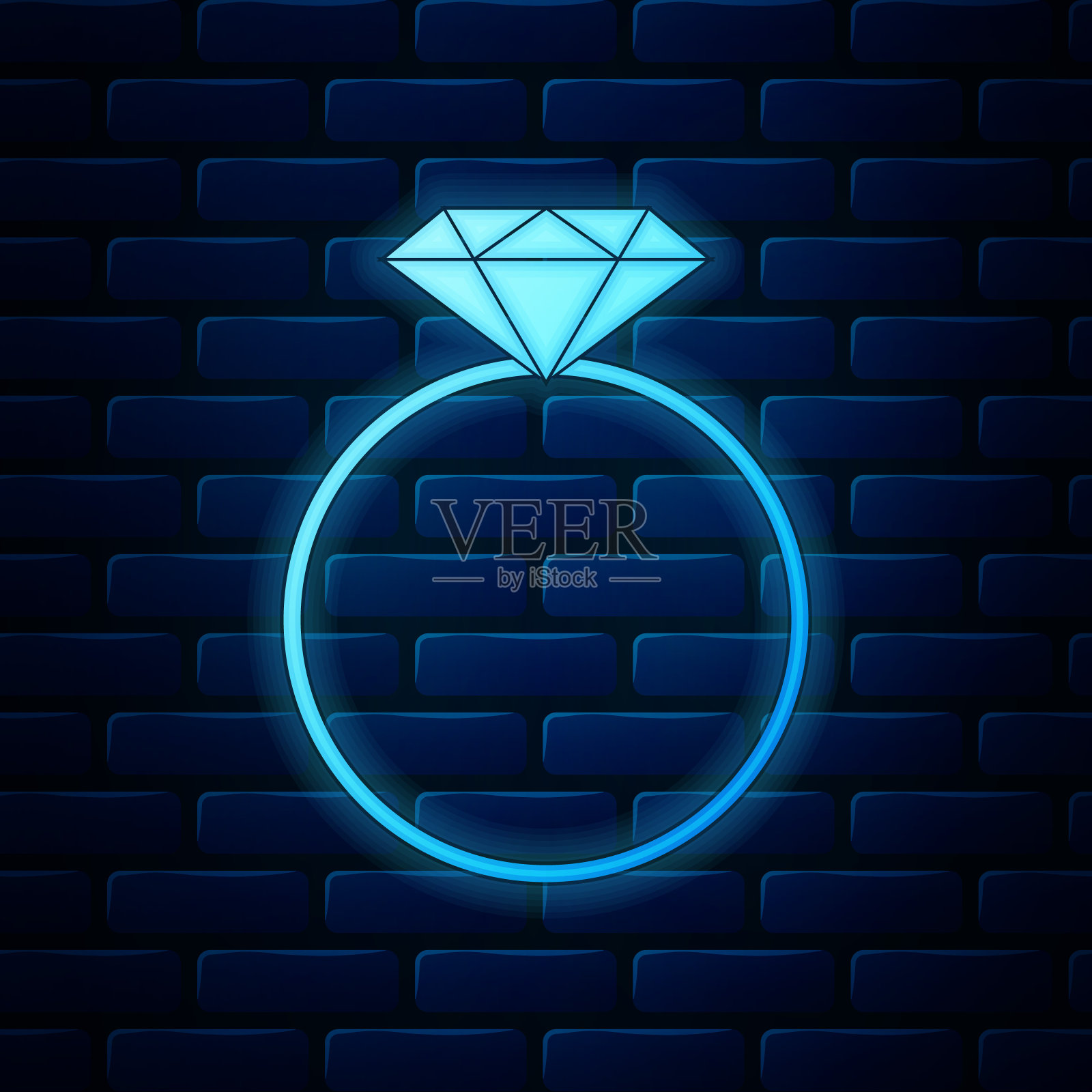 霓虹灯钻石订婚戒指图标孤立在砖墙背景上。矢量图插画图片素材