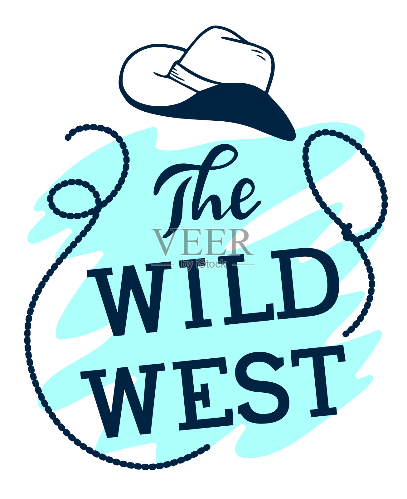 矢量复古插图的西部派对与牛仔帽和套索在蓝色和白色的背景。插画图片素材