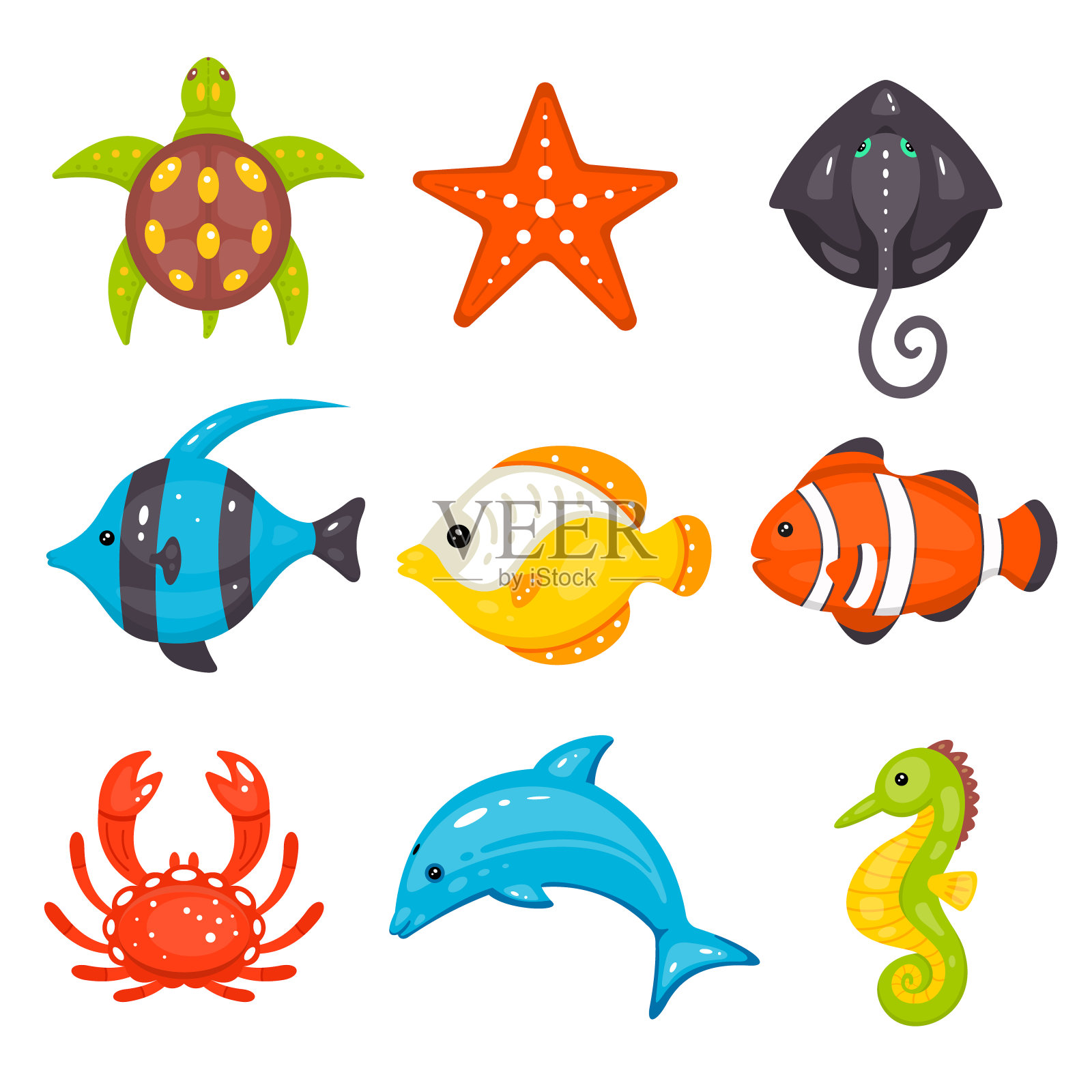 海洋动物矢量设置在卡通手绘风格。海洋生物和水下生物包括海龟、海星、黄貂鱼、鱼类、螃蟹、海豚、海马。插画图片素材
