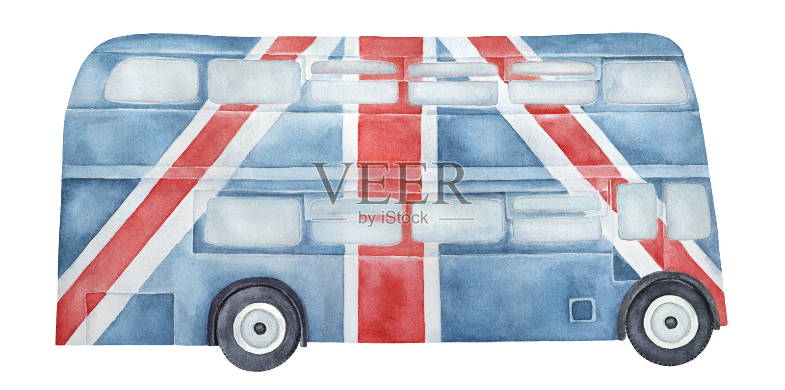 双层巴士与美丽的英国国旗图案。在白色的背景上手绘水彩艺术绘画，为设计，印刷，海报，明信片，旗帜，贺卡的剪纸元素。插画图片素材