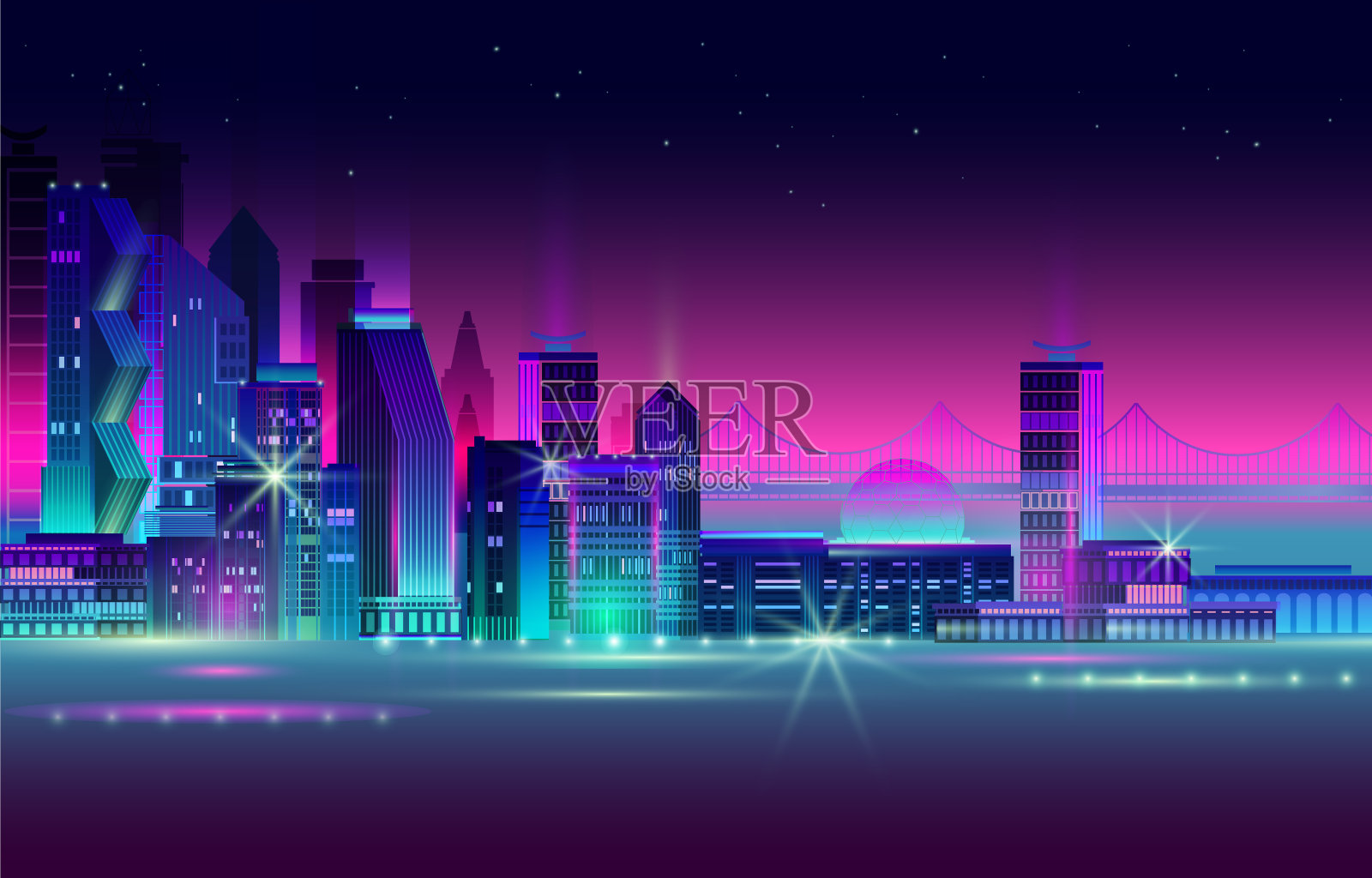 夜晚的城市全景与霓虹灯在黑暗的背景。向量。插画图片素材