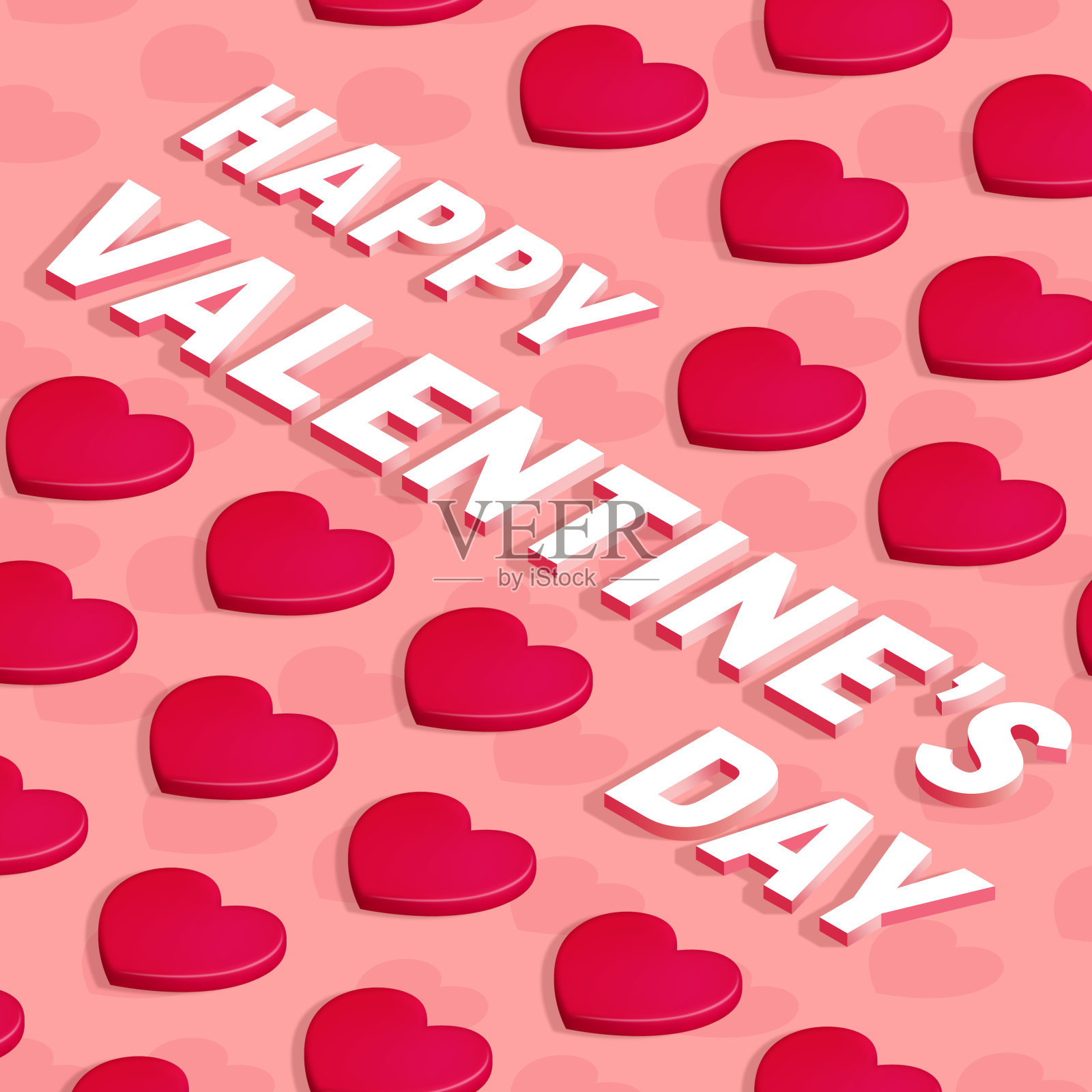 情人节快乐的3d文字与红色的心在粉红色的背景插画图片素材