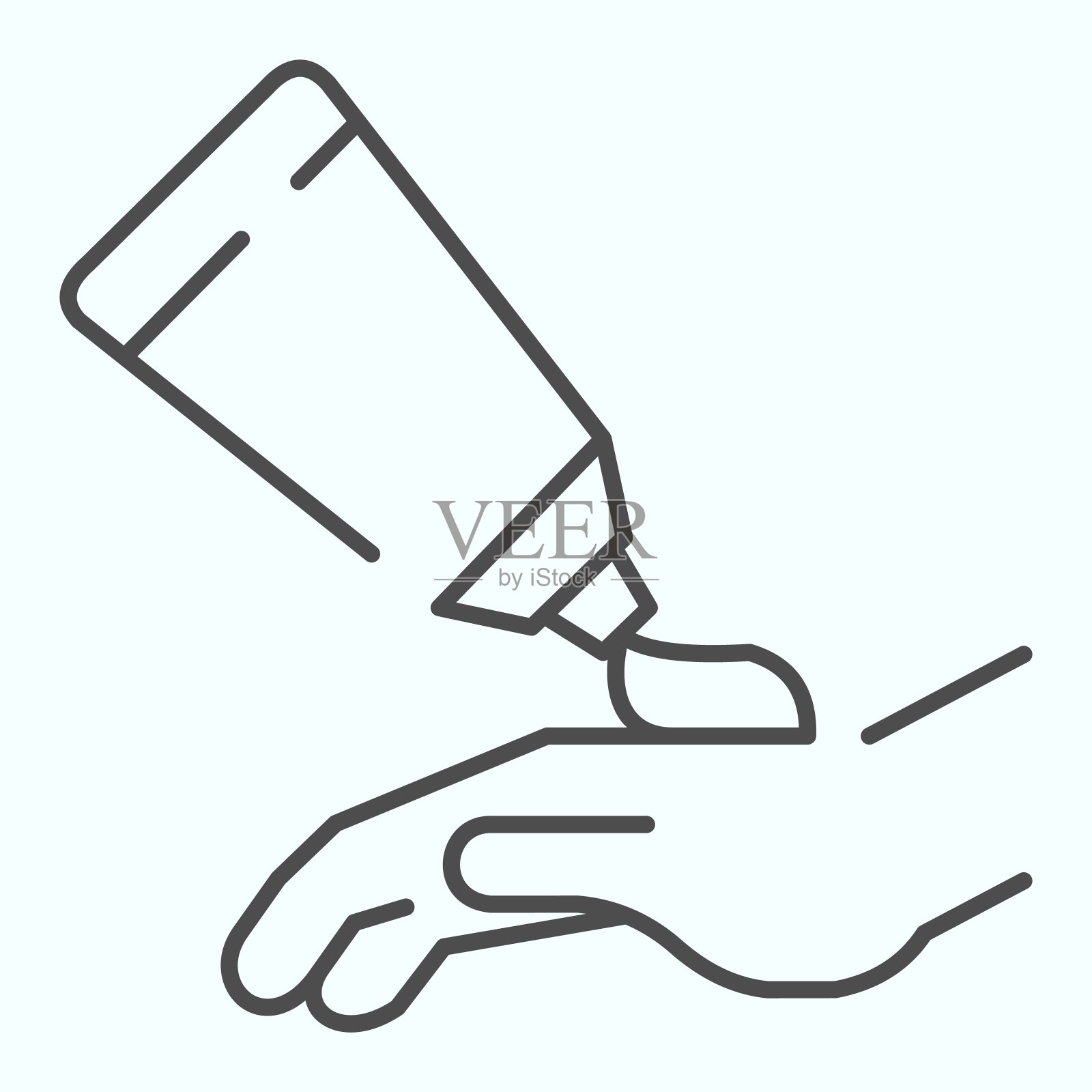 护手霜细线图标。在白色孤立的手部矢量图上涂上护手霜。每日护手霜应用程序大纲风格设计，适用于网页和应用程序。Eps 10。插画图片素材