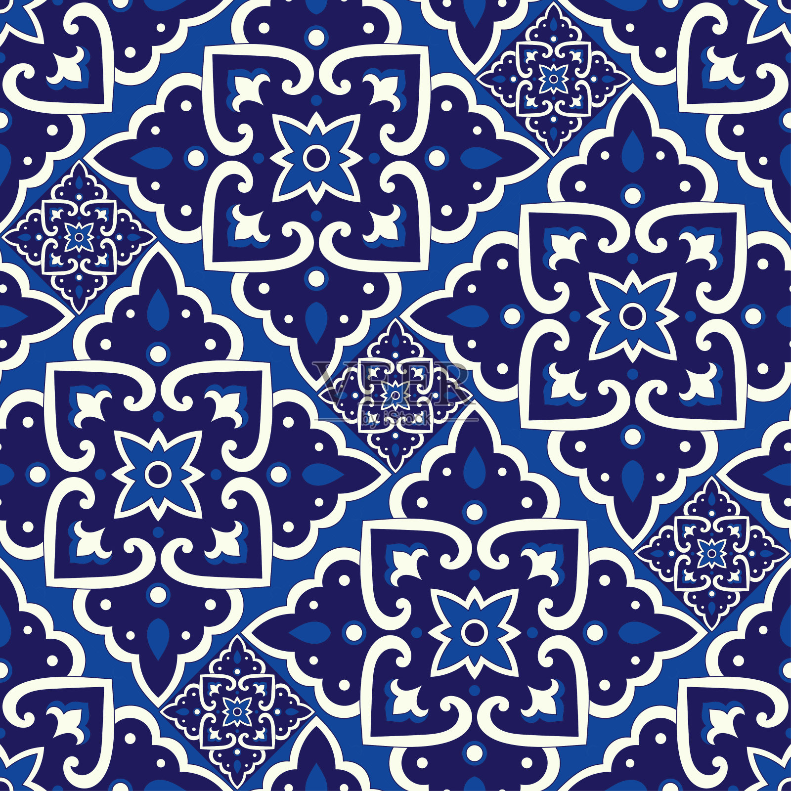 复古瓷砖图案矢量拼花无缝与蓝色和白色的装饰。意大利威尼斯陶瓷或西西里陶瓷插画图片素材