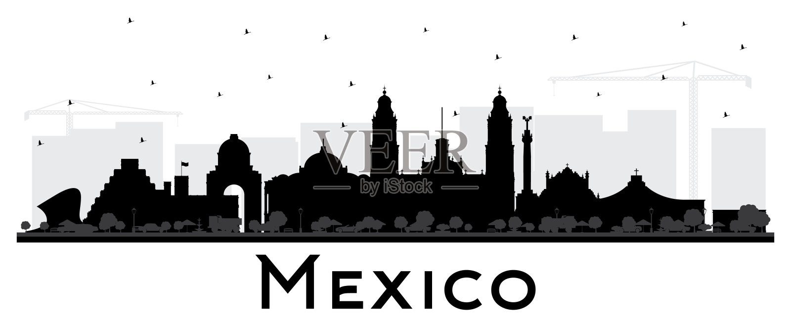 墨西哥城天际线轮廓与黑色建筑孤立在白色。插画图片素材