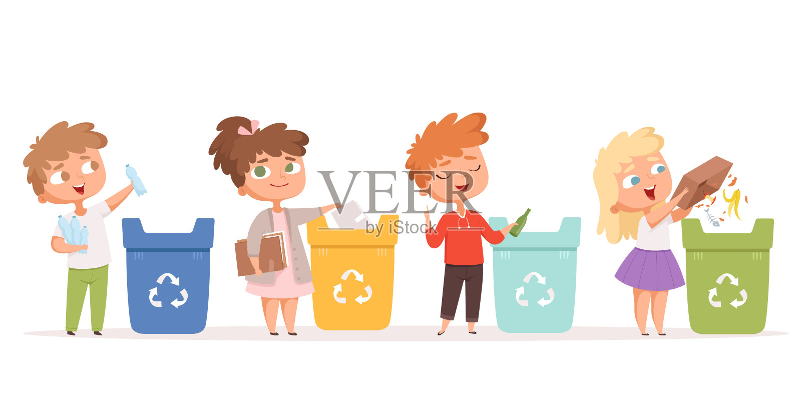 孩子们回收垃圾。拯救自然生态安全环保健康循环利用矢量卡通人物设计元素图片