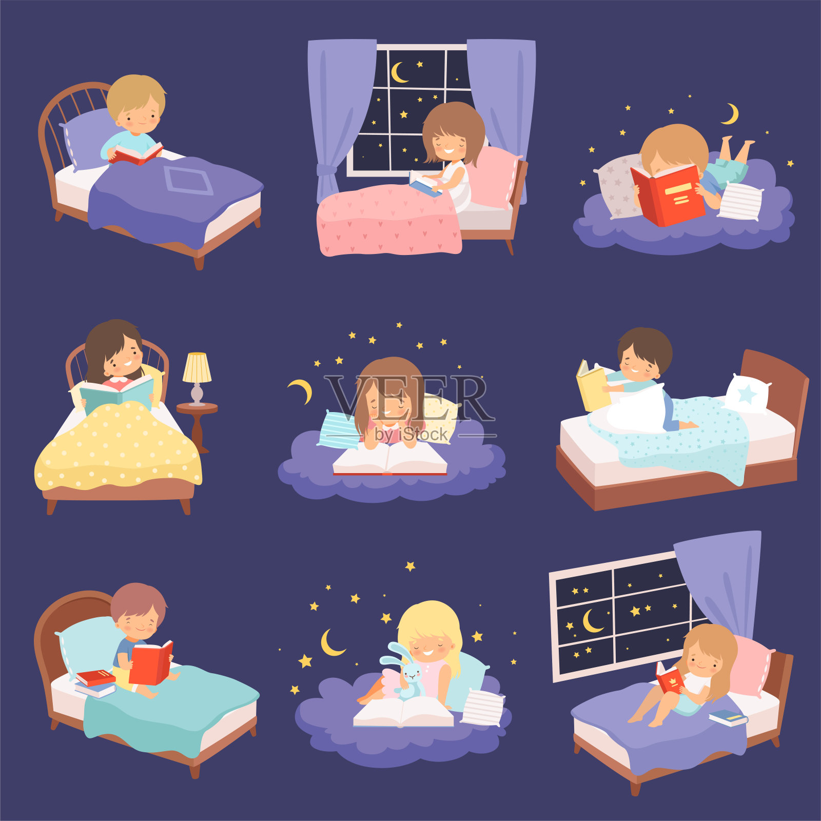 可爱的金发小女孩躺在云朵和他们的床在晚上和阅读睡前故事集合卡通向量插图插画图片素材