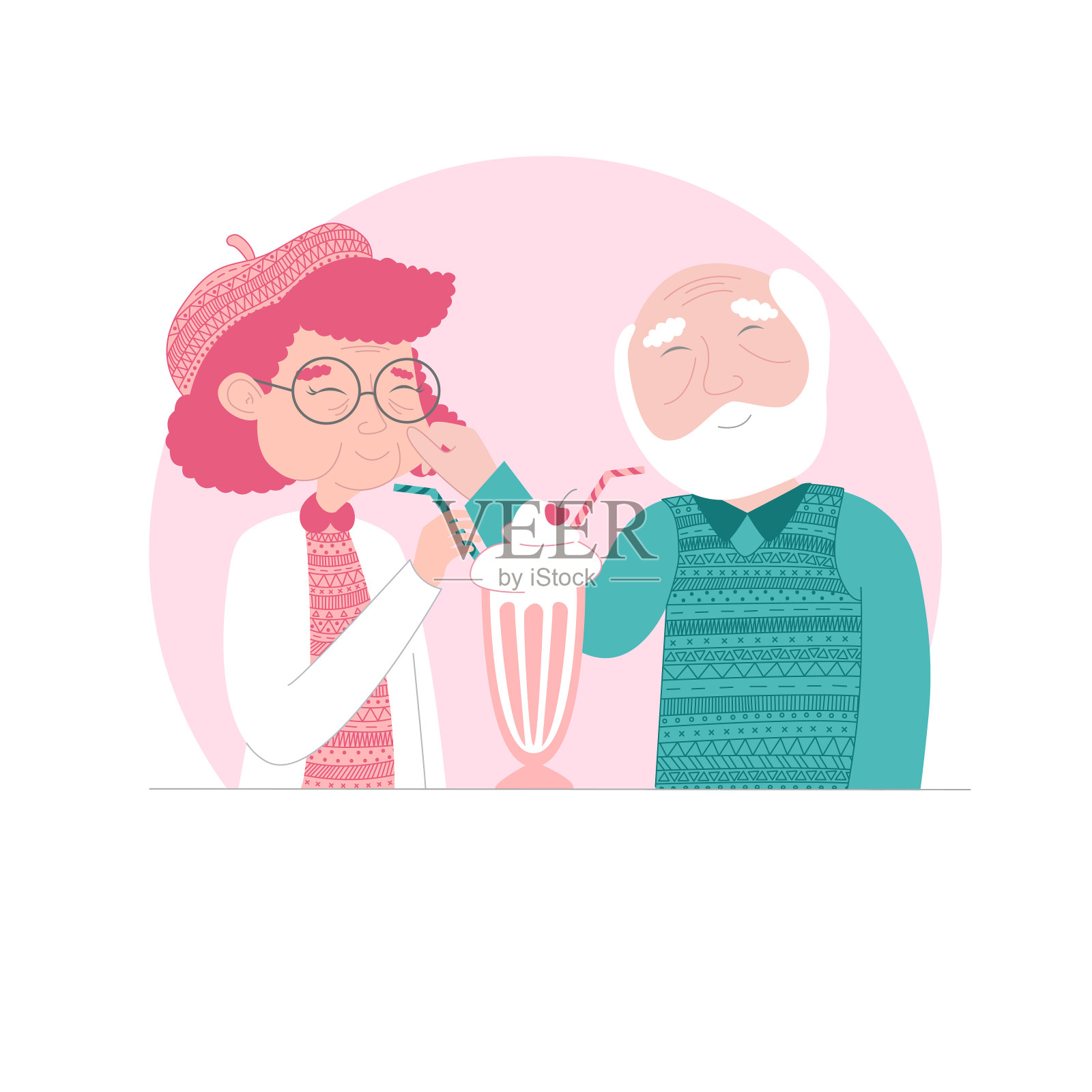 相爱的老夫妻，喝着一杯鸡尾酒。彩色矢量插图，献给圣瓦伦丁节(2月14日)。爱情不分年龄。插画图片素材