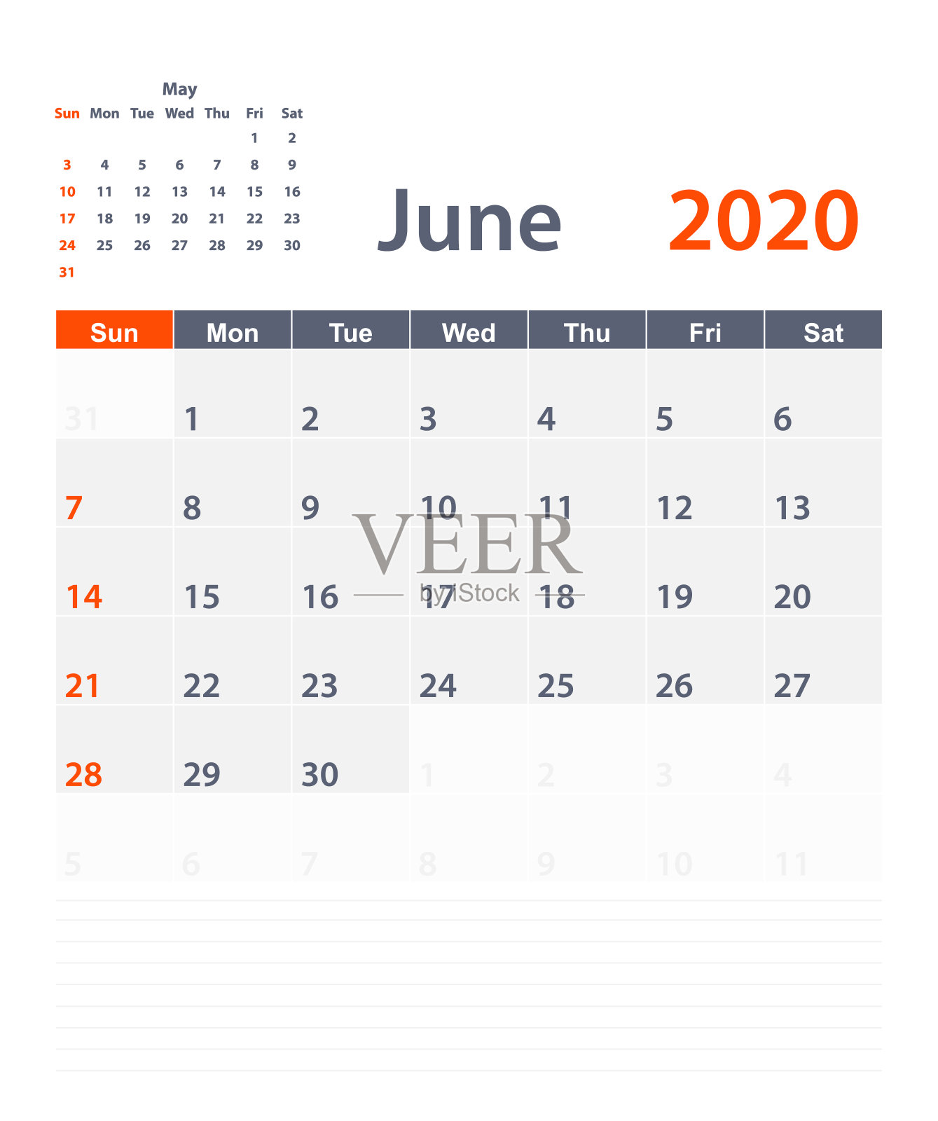 2020年6月矢量规划日历设计模板素材