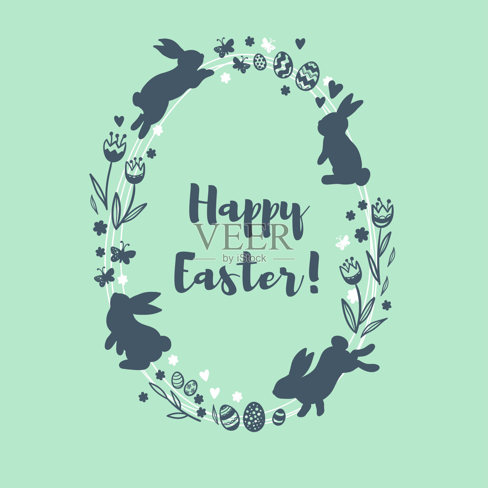 可爱的手绘复活节设计兔子，复活节彩蛋，花和蝴蝶-伟大的卡片，横幅，壁纸-矢量设计设计模板素材