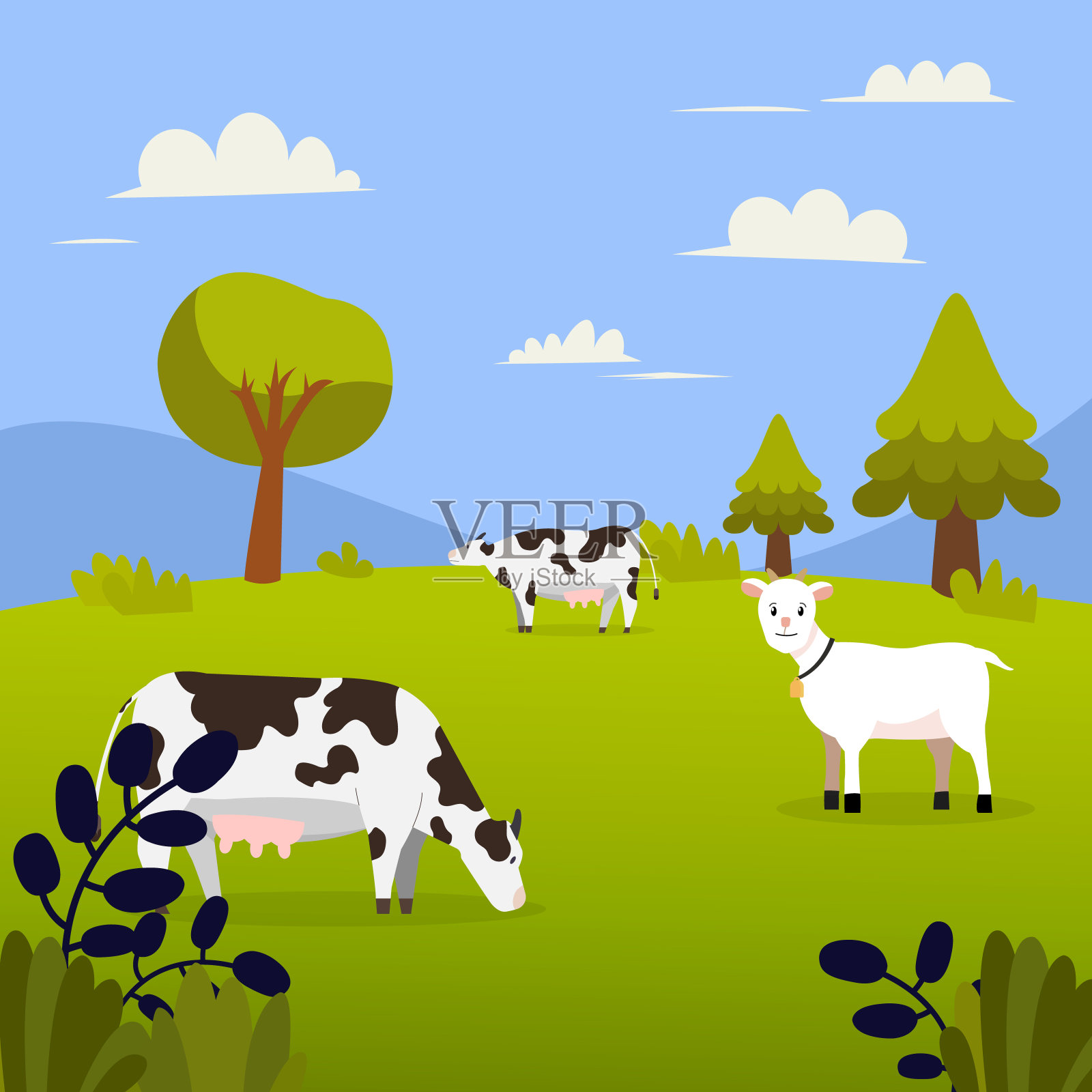 自然景观有牛、羊、草、树、山、山插画图片素材