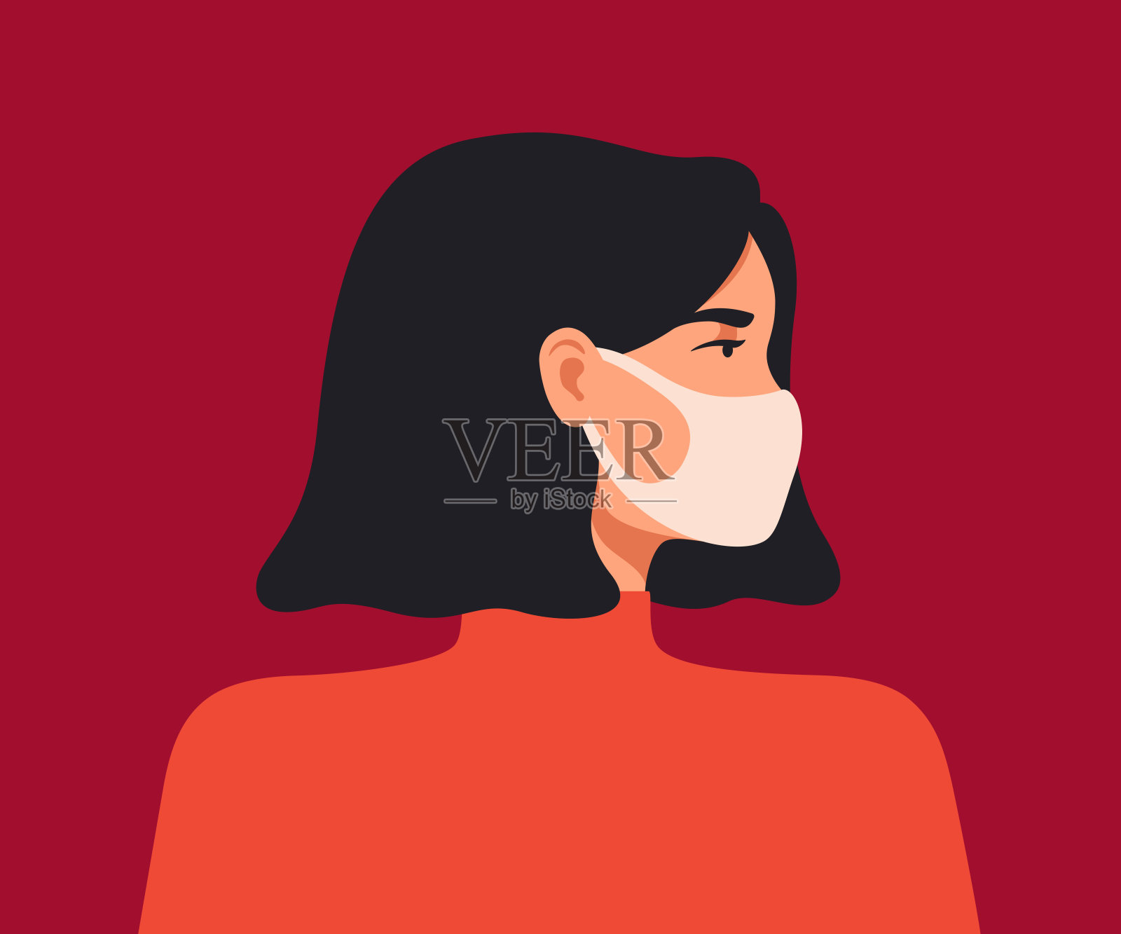 年轻的亚洲女性戴着口罩，以抵御冠状病毒和空气污染。插画图片素材