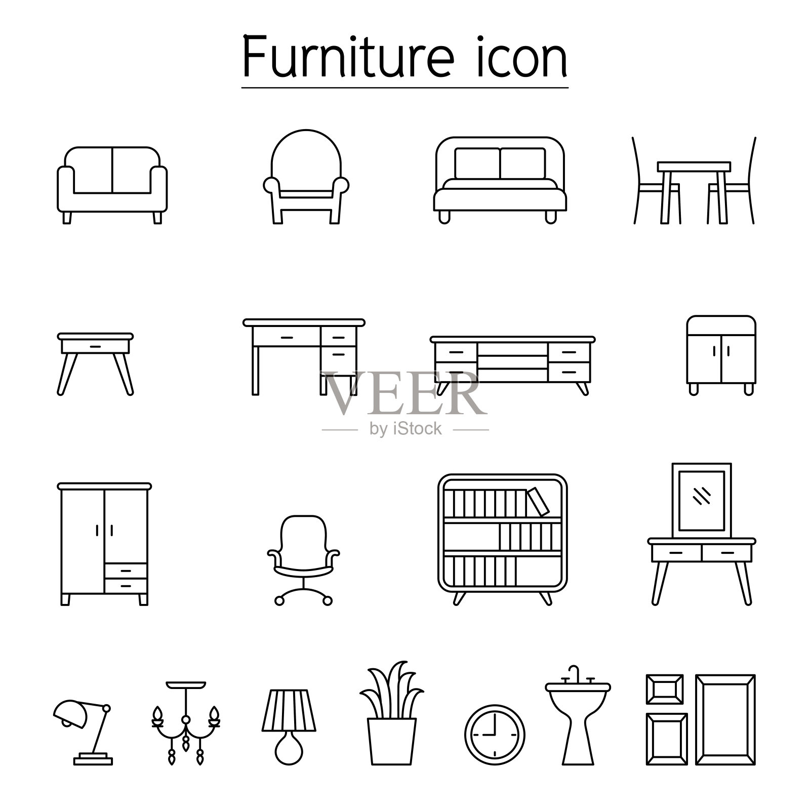家具图标设置在细线风格图标素材