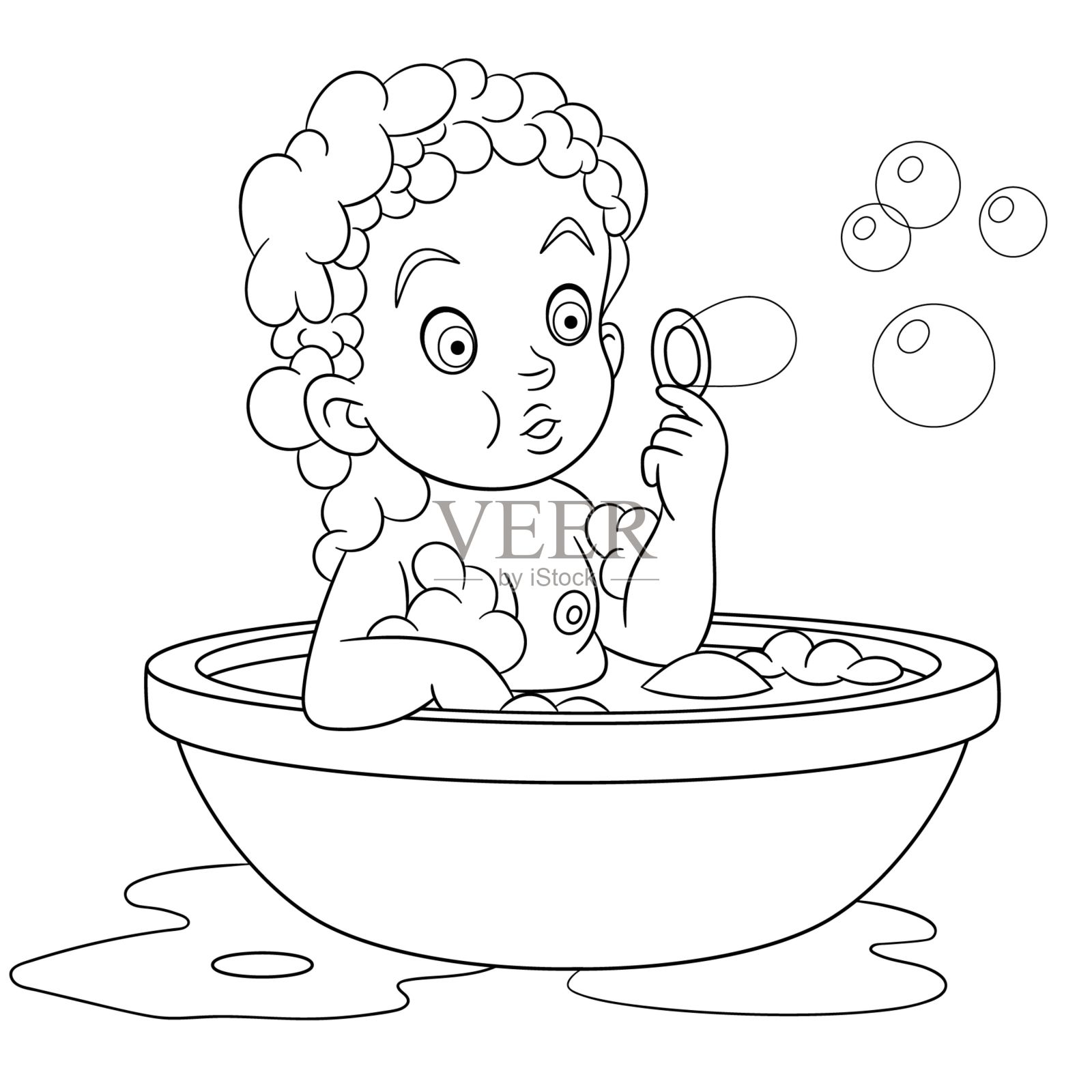 在浴室里洗澡的卡通男婴的涂色页插画图片素材