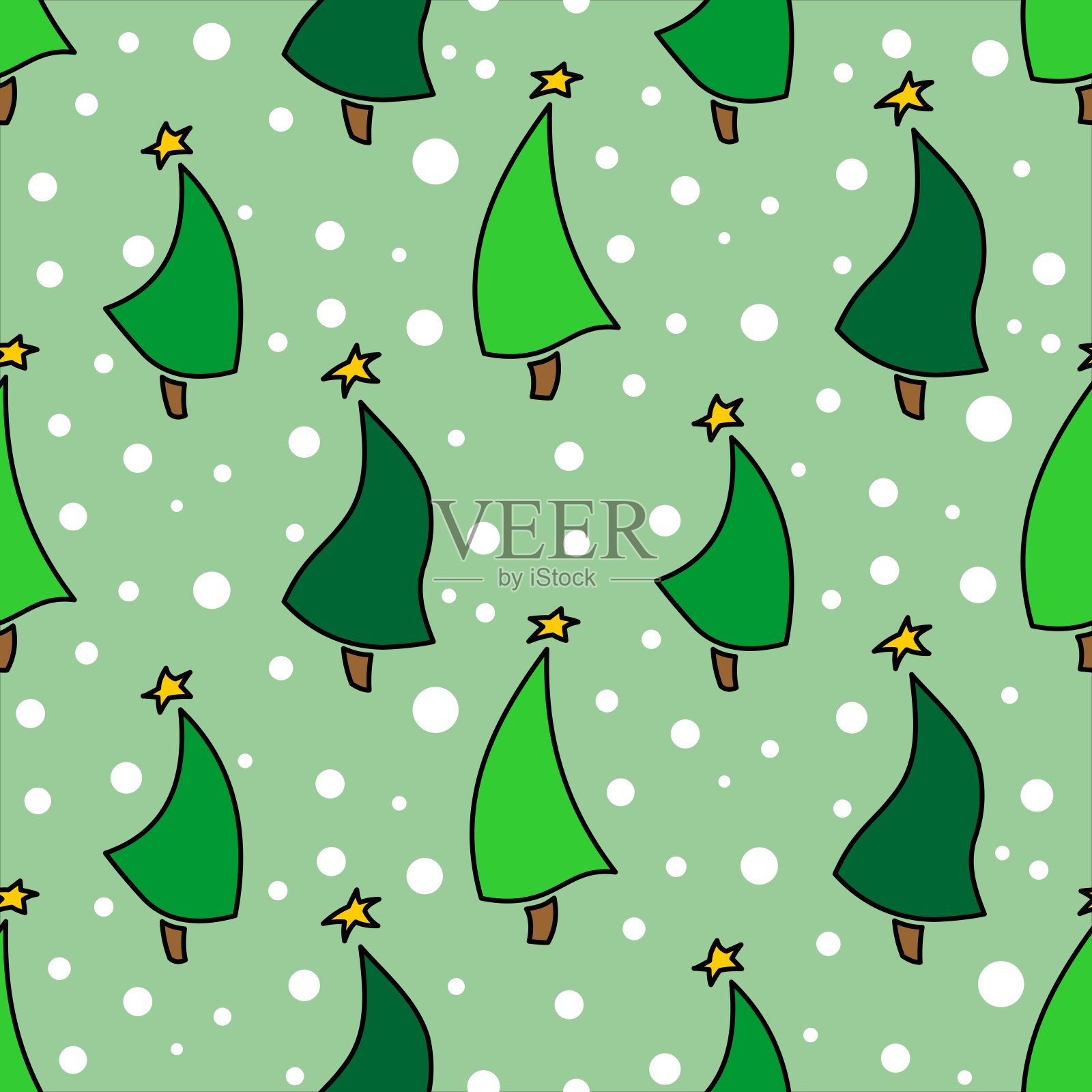 无缝图案的圣诞树与星星。新年。绿色云杉在一个轻背景与雪花。用于装饰，纺织，织物，包装纸。向量的背景。插画图片素材