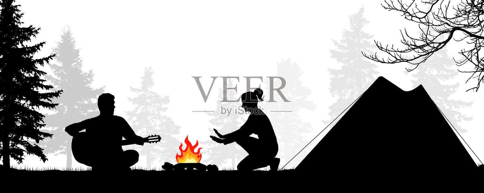 在森林里搭帐篷露营。火炉边的一对年轻夫妇。男人弹吉他。女孩在火旁温暖他的手。浪漫的夜晚。轮廓矢量图设计元素图片