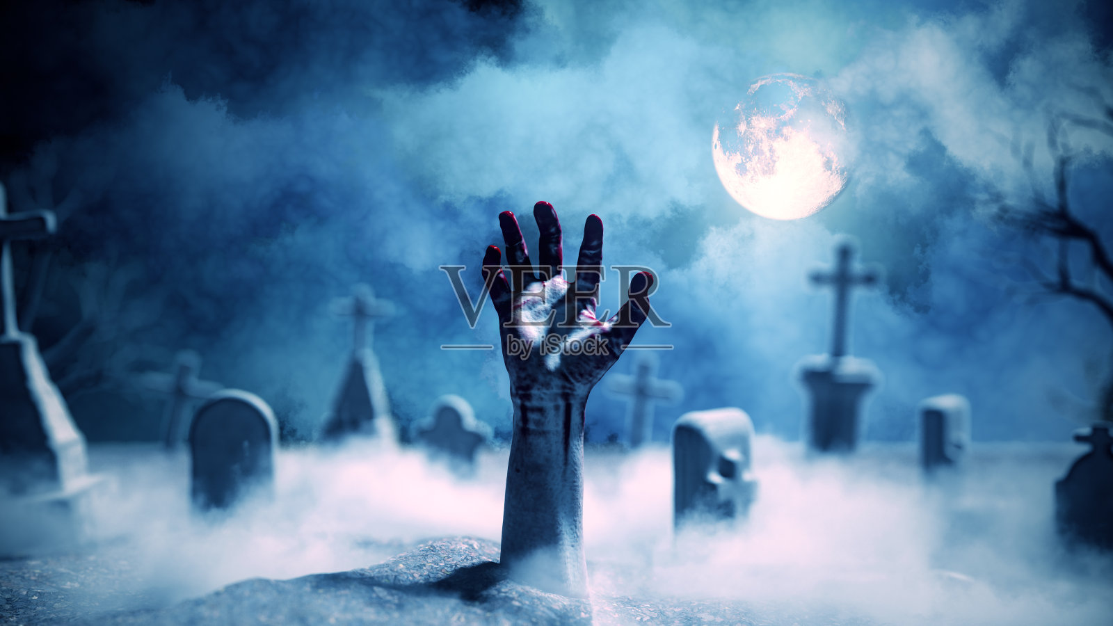 僵尸之手在阴森的夜晚从墓地中升起。插画图片素材