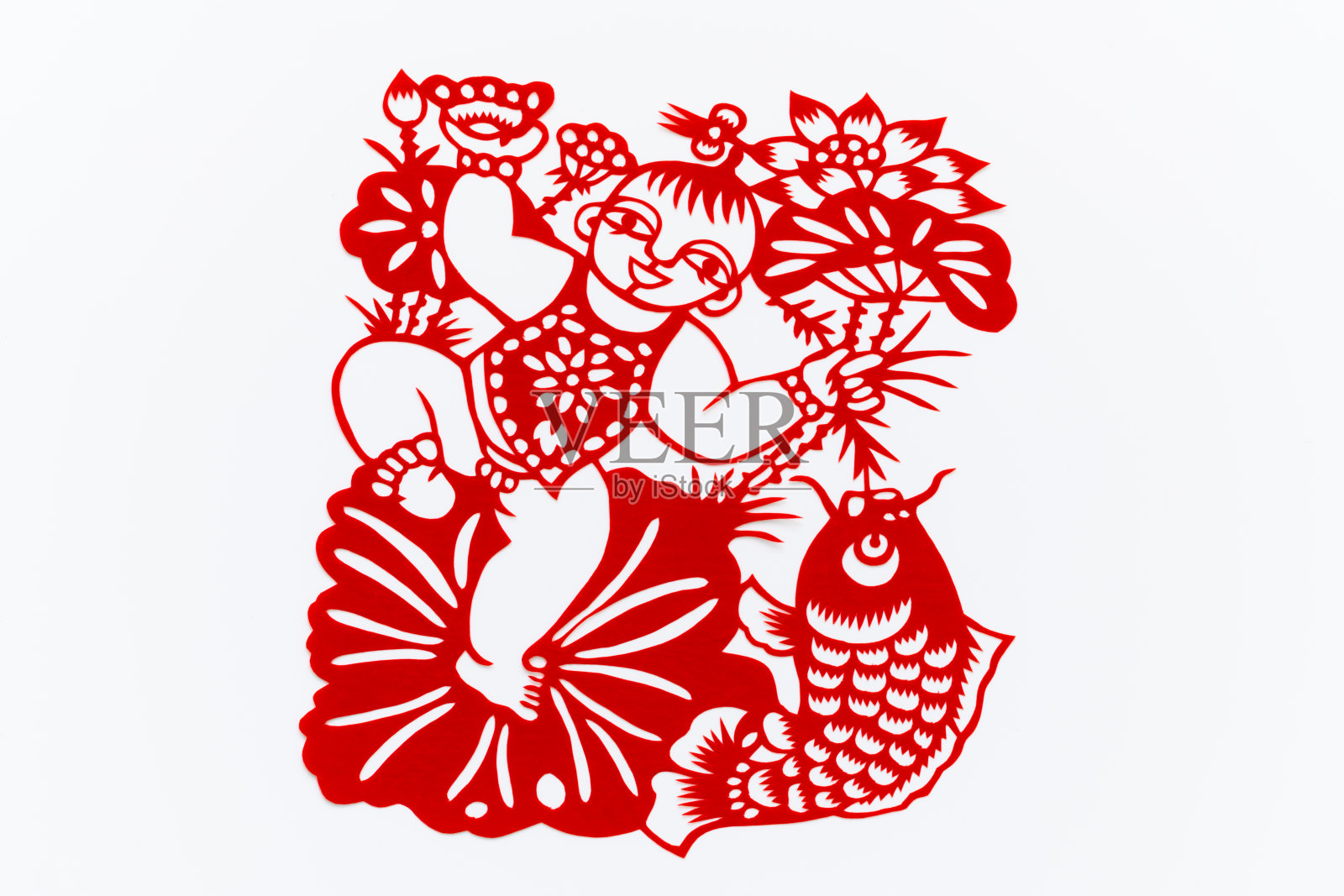 中国传统剪纸艺术图案、花窗。农历新年。象征着幸福和好运。中国吉祥元素。汉字翻译(祝福，长寿，和平，财富，丰饶)照片摄影图片