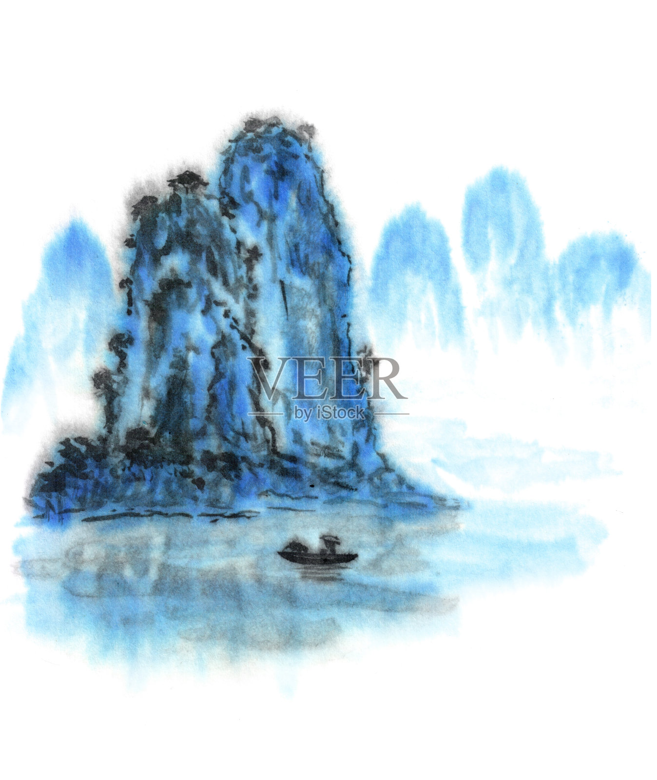 黑白图像。水墨中国山水。山在雾中。山上有树。墨水的形象。松树。山、山、峰、火山插画图片素材