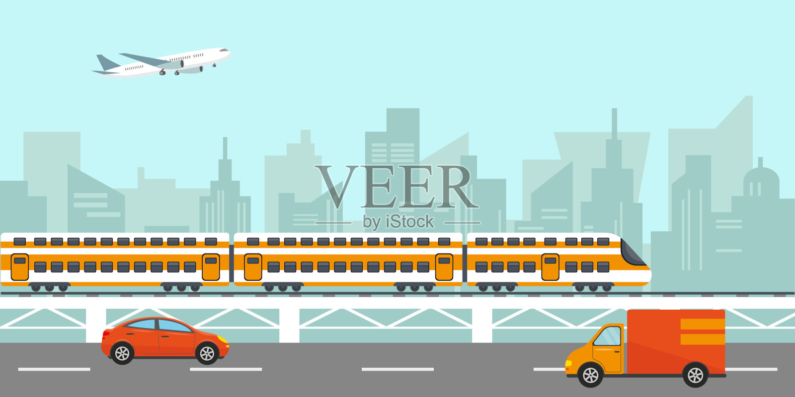 城市景观有高楼大厦、客运高速列车在桥上、汽车在路上、飞机在空中。矢量插图。插画图片素材
