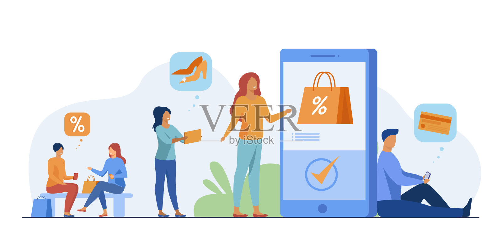 顾客用智能手机在网上购物插画图片素材
