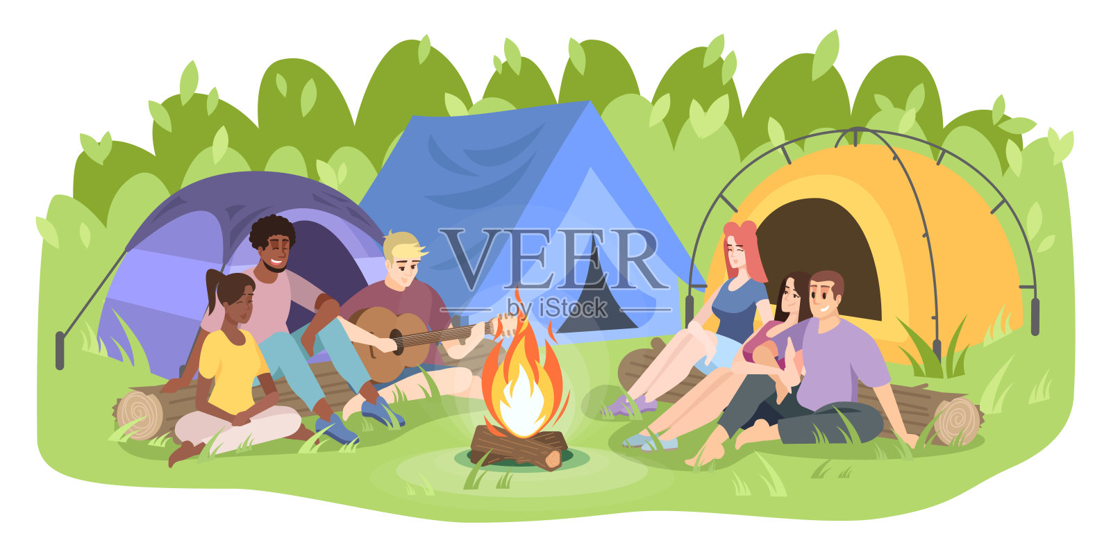 夏令营娱乐平面矢量插图。年轻人，营员，卡通人物。朋友们坐在篝火旁弹吉他。暑假，大自然在白色的背景上休息插画图片素材